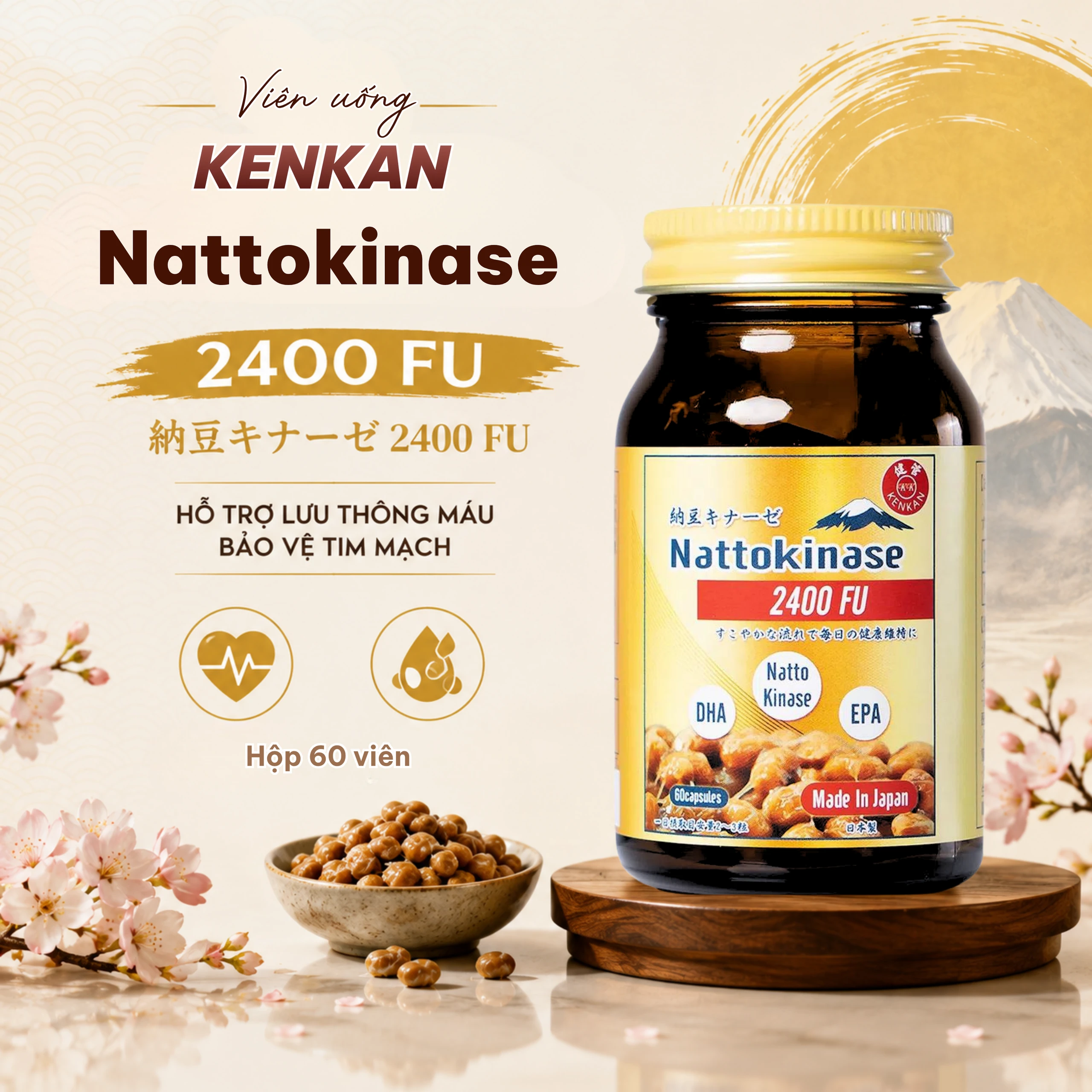 Viên uống giảm nguy cơ hình thành huyết khối, tăng cường lưu thông máu Nattokinase 2400FU KenKan (60 viên) 2