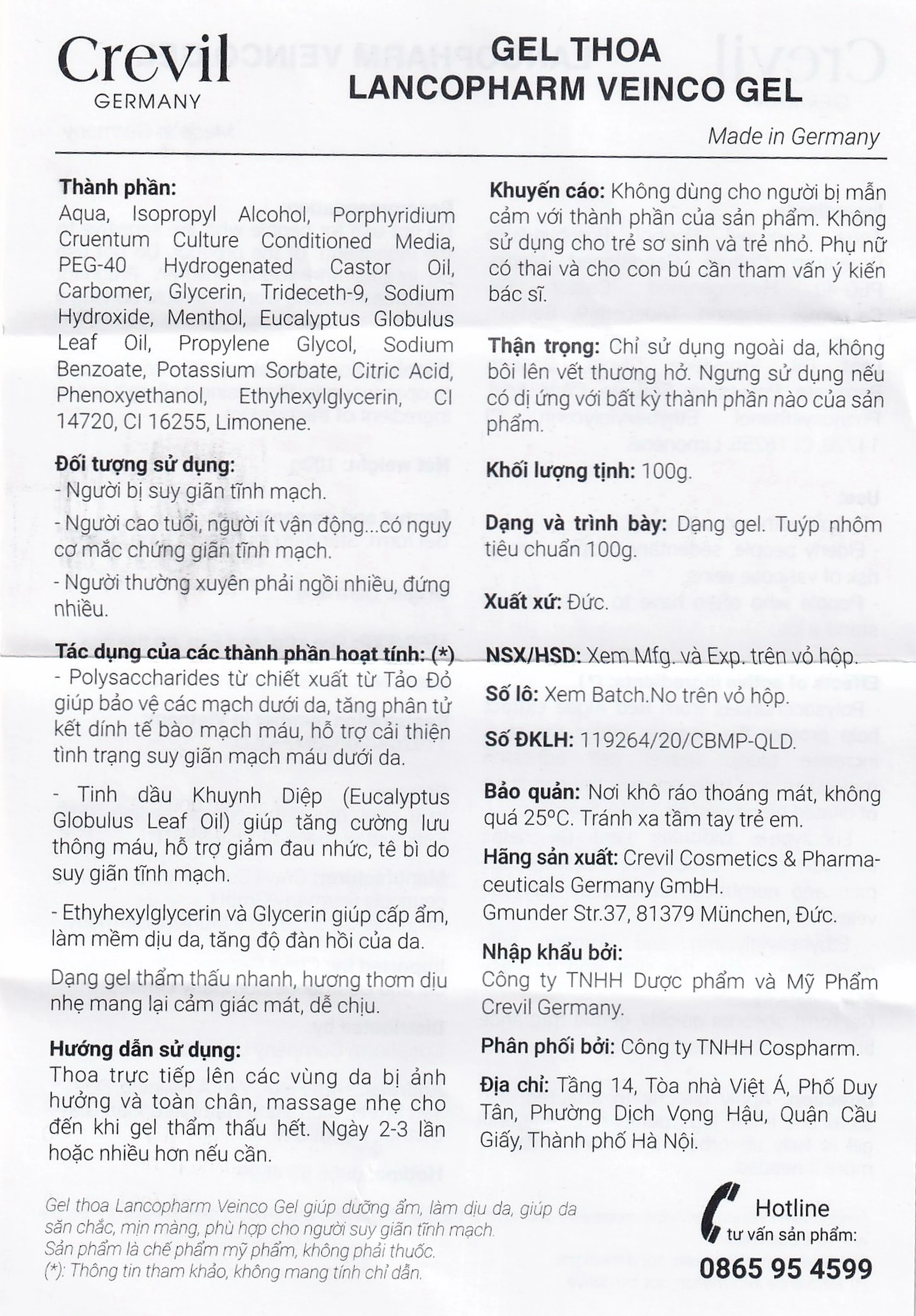 Gel bôi ngừa giãn tĩnh mạch Veinco Lancopharm hộp 100g