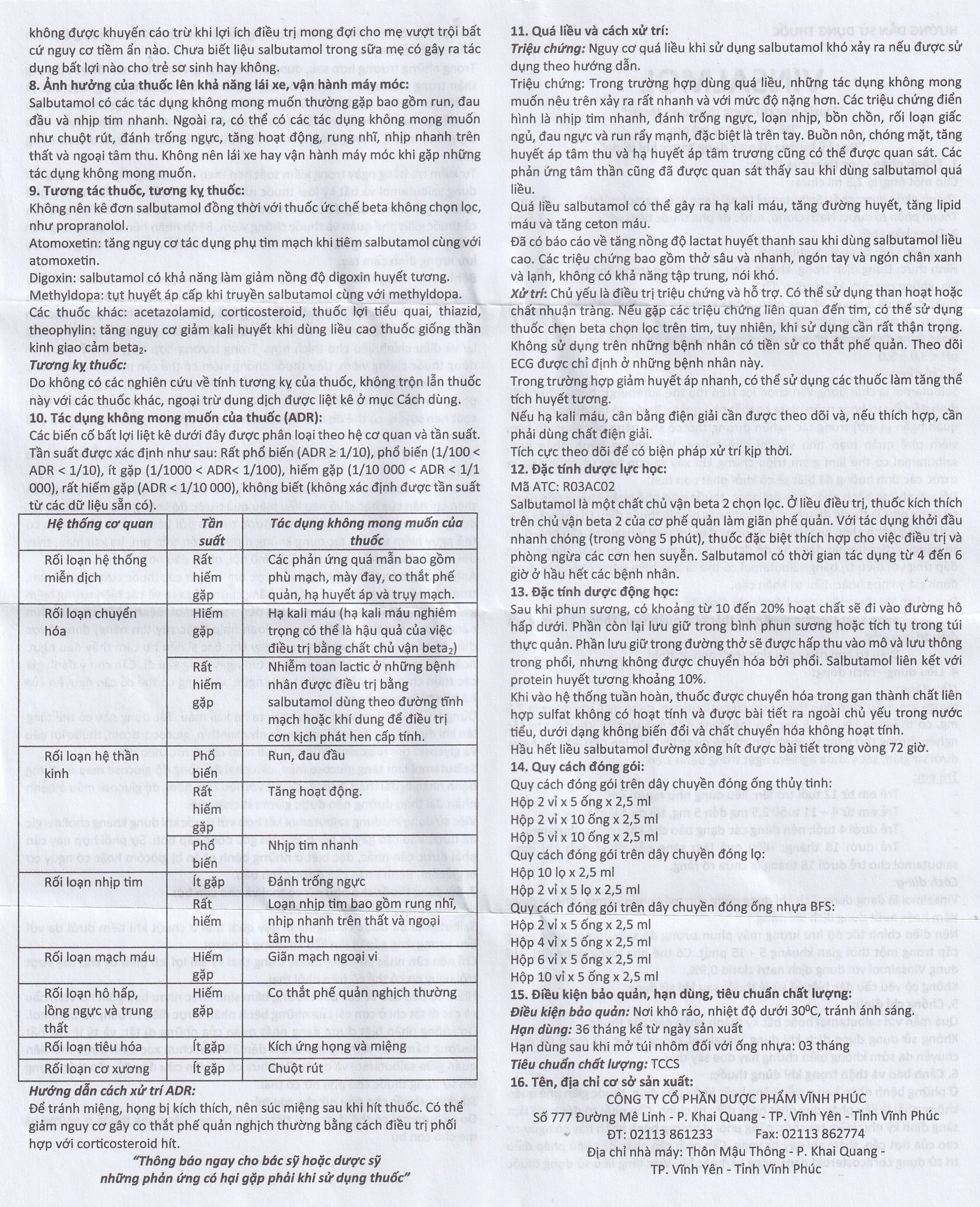 Thuốc Vinsalmol 2.5mg/2.5ml Vinphaco hỗ trợ kiểm soát co thắt phế quản mạn, hen ác tính (2 vỉ x 5 ống)