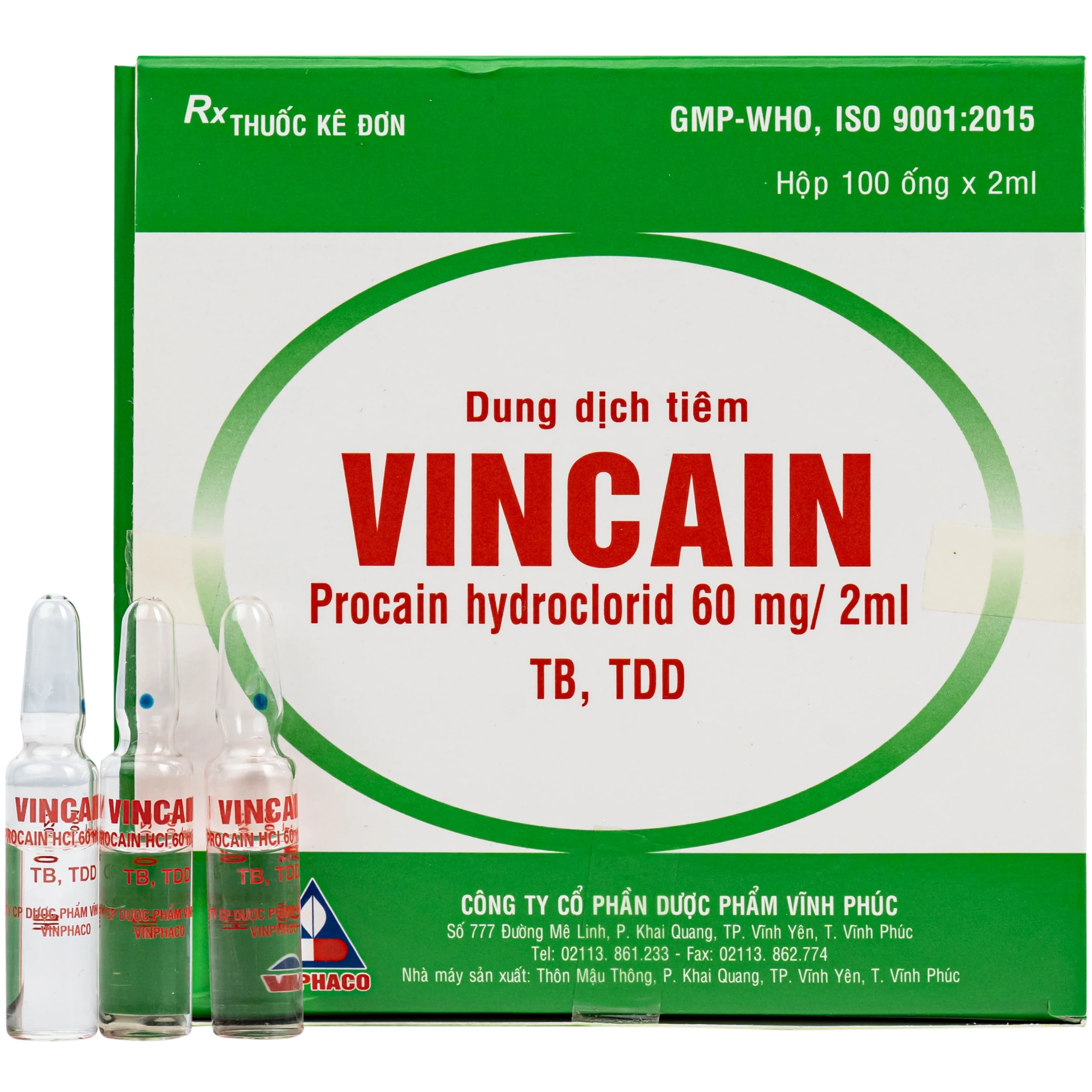 Dung dịch tiêm Vincain 60mg Vinphaco gây tê tại chỗ, gây tê cột sống (100 ống x 2ml)