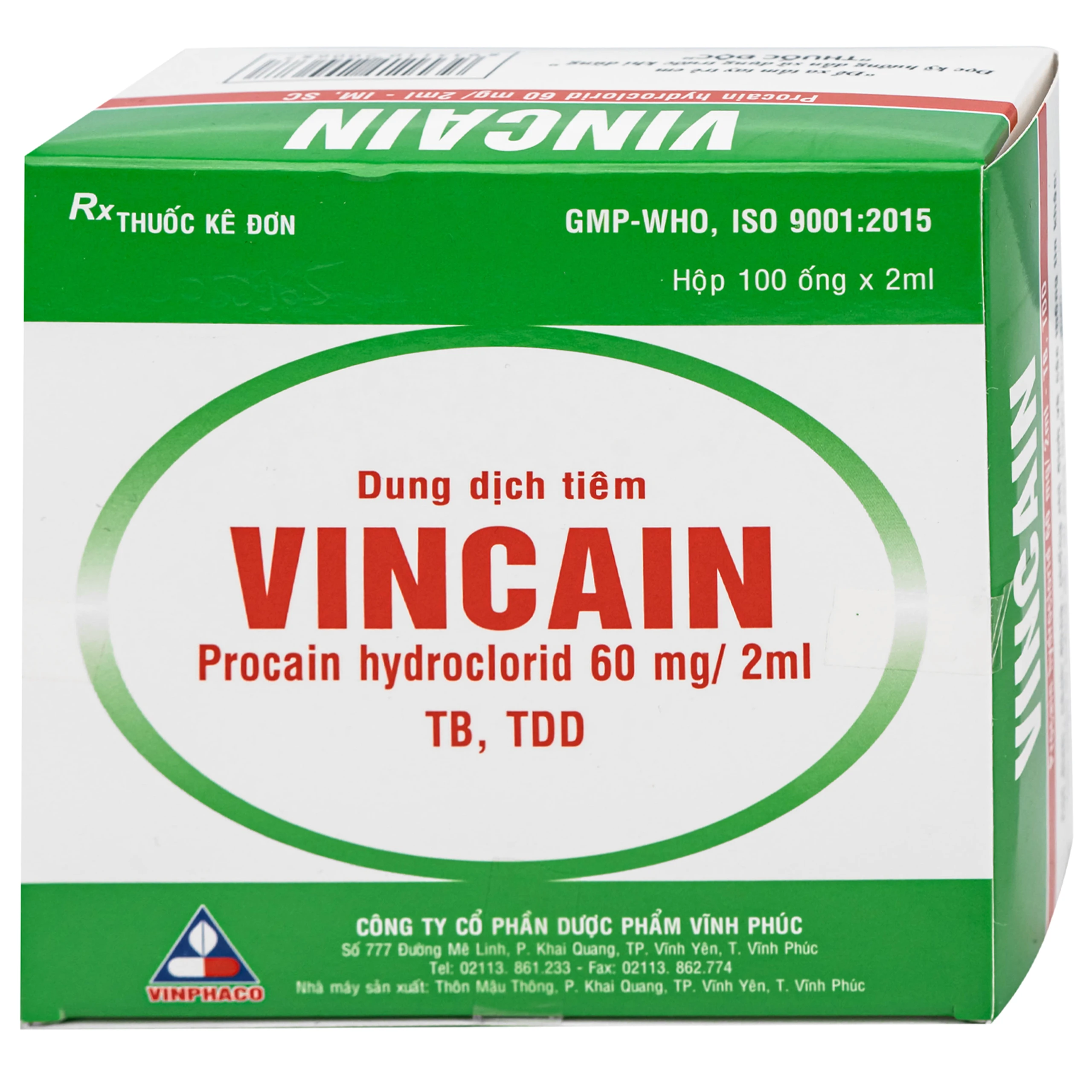 Dung dịch tiêm Vincain 60mg Vinphaco gây tê tại chỗ, gây tê cột sống (100 ống x 2ml)