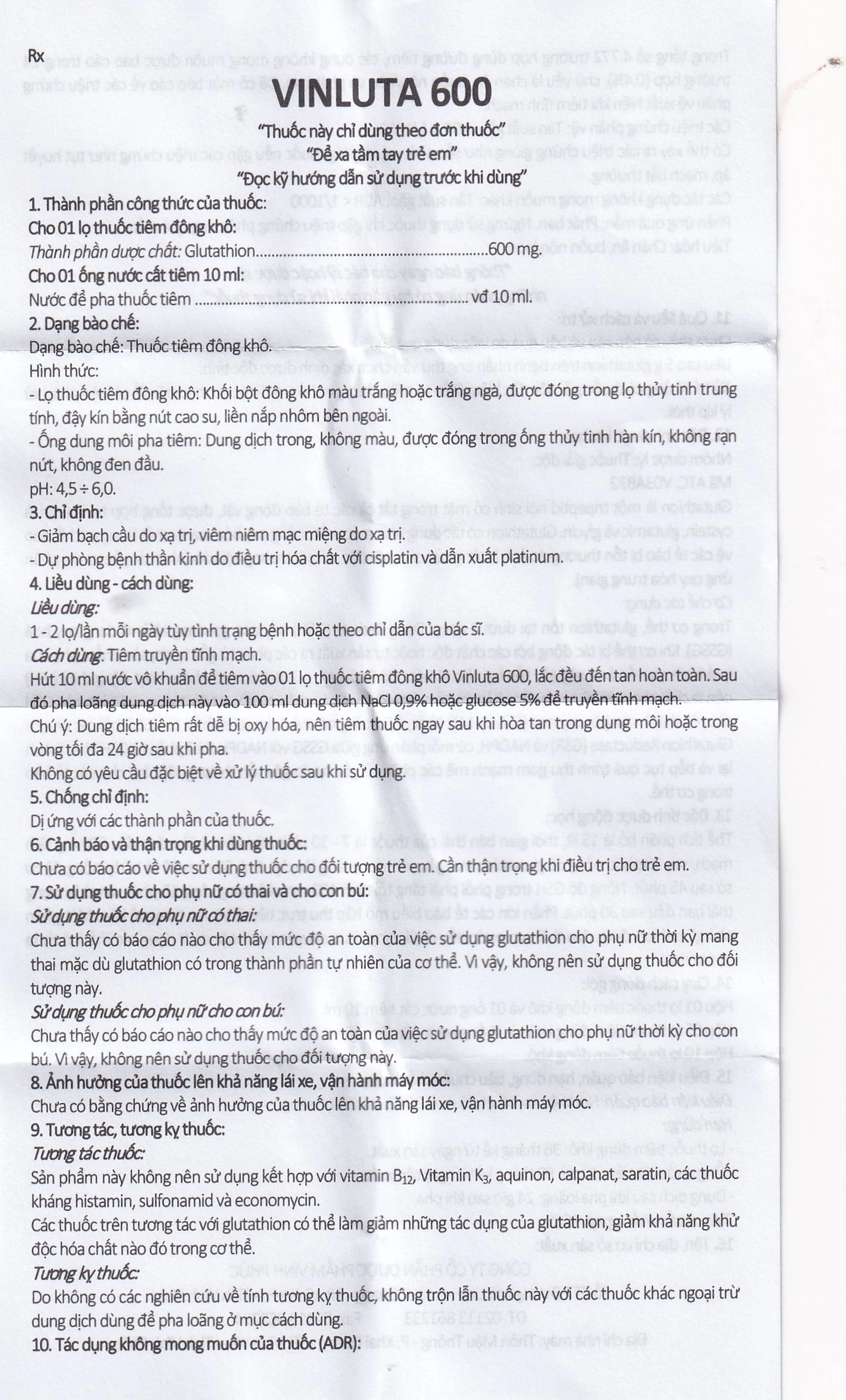 Thuốc tiêm Vinluta 600 Vinphaco giảm độc tính của xạ trị và hóa chất điều trị ung thư (1 lọ bột + 1 ống nước cất tiêm 10ml)
