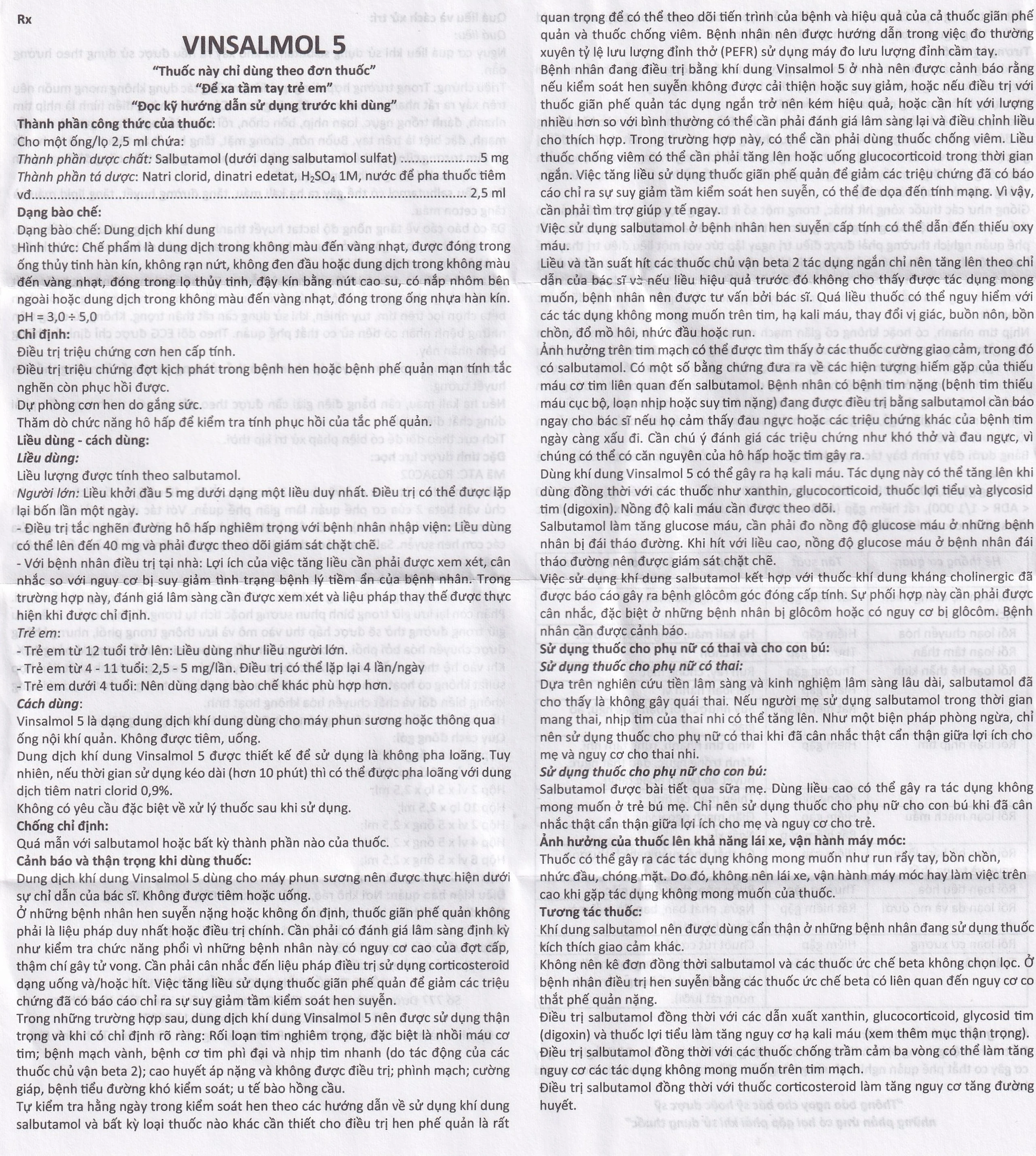 Dung dịch khí dung Vinsalmol 5mg/2.5ml Vinphaco trị triệu chứng hen cấp tính, đợt kịch phát hen (2 vỉ x 5 ống)