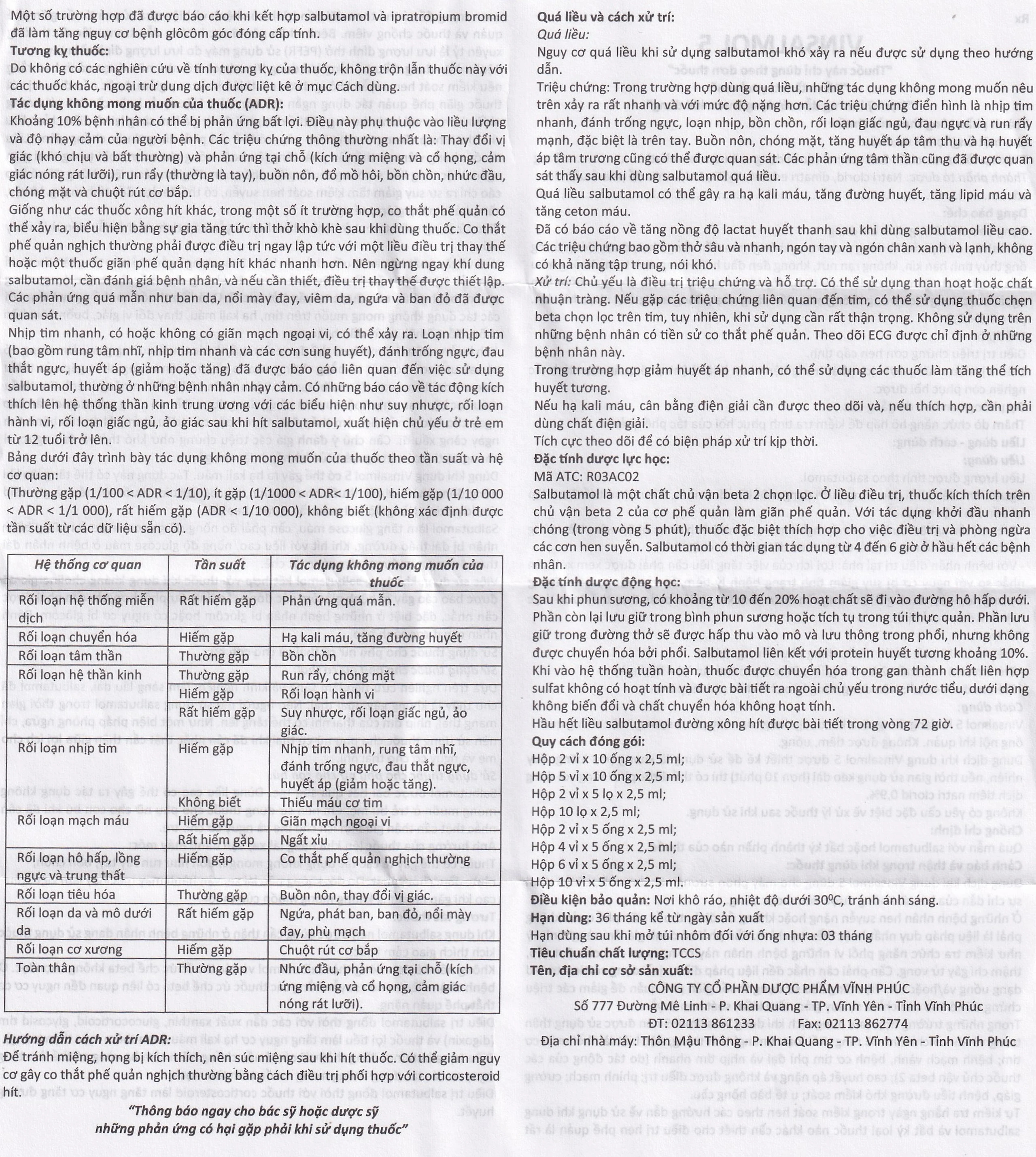 Dung dịch khí dung Vinsalmol 5mg/2.5ml Vinphaco trị triệu chứng hen cấp tính, đợt kịch phát hen (2 vỉ x 5 ống)