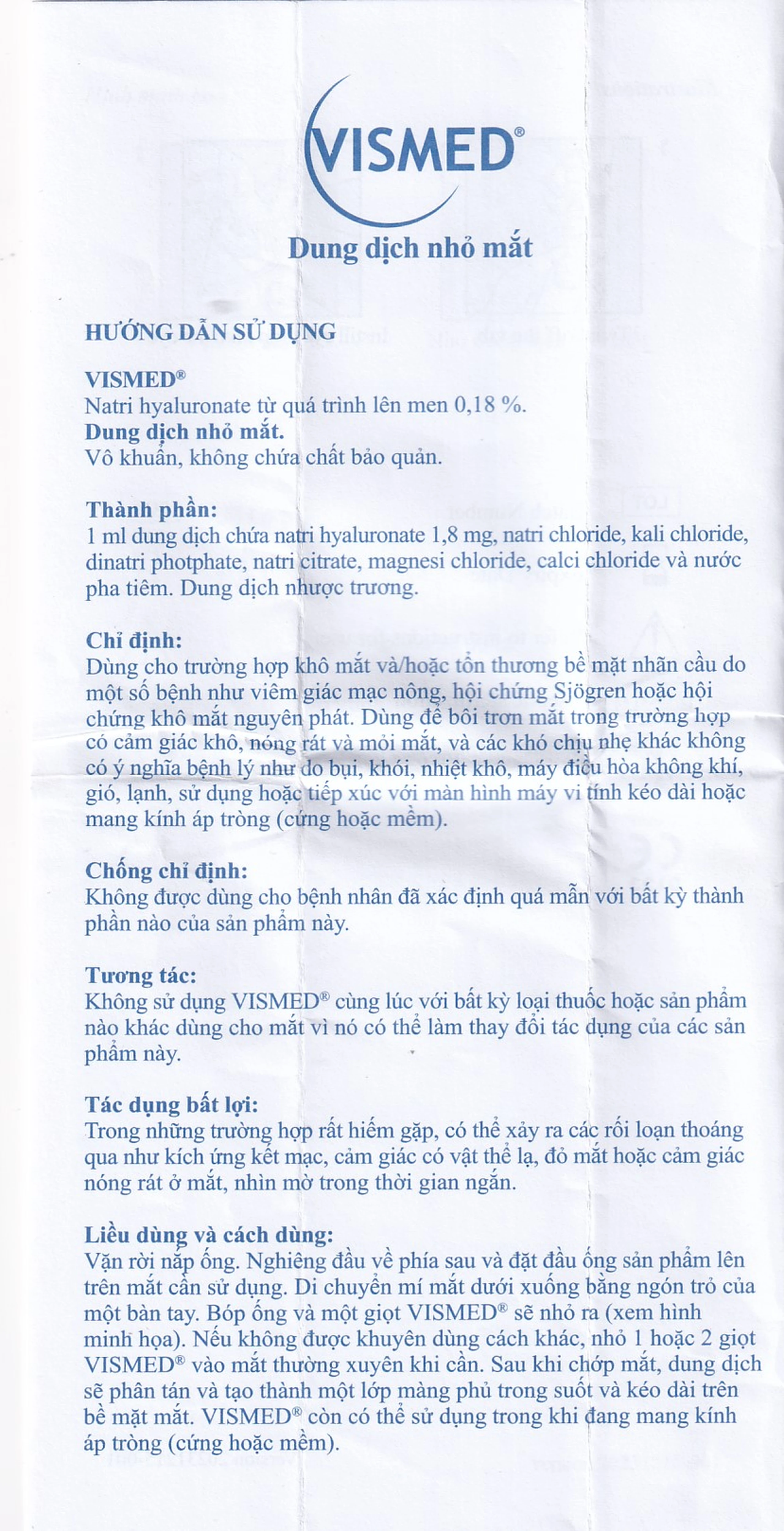 Nhỏ mắt Vismed 0.18% dùng cho mắt khô,tổn thương bề mặt nhãn cầu (20 ống x 0.3ml)