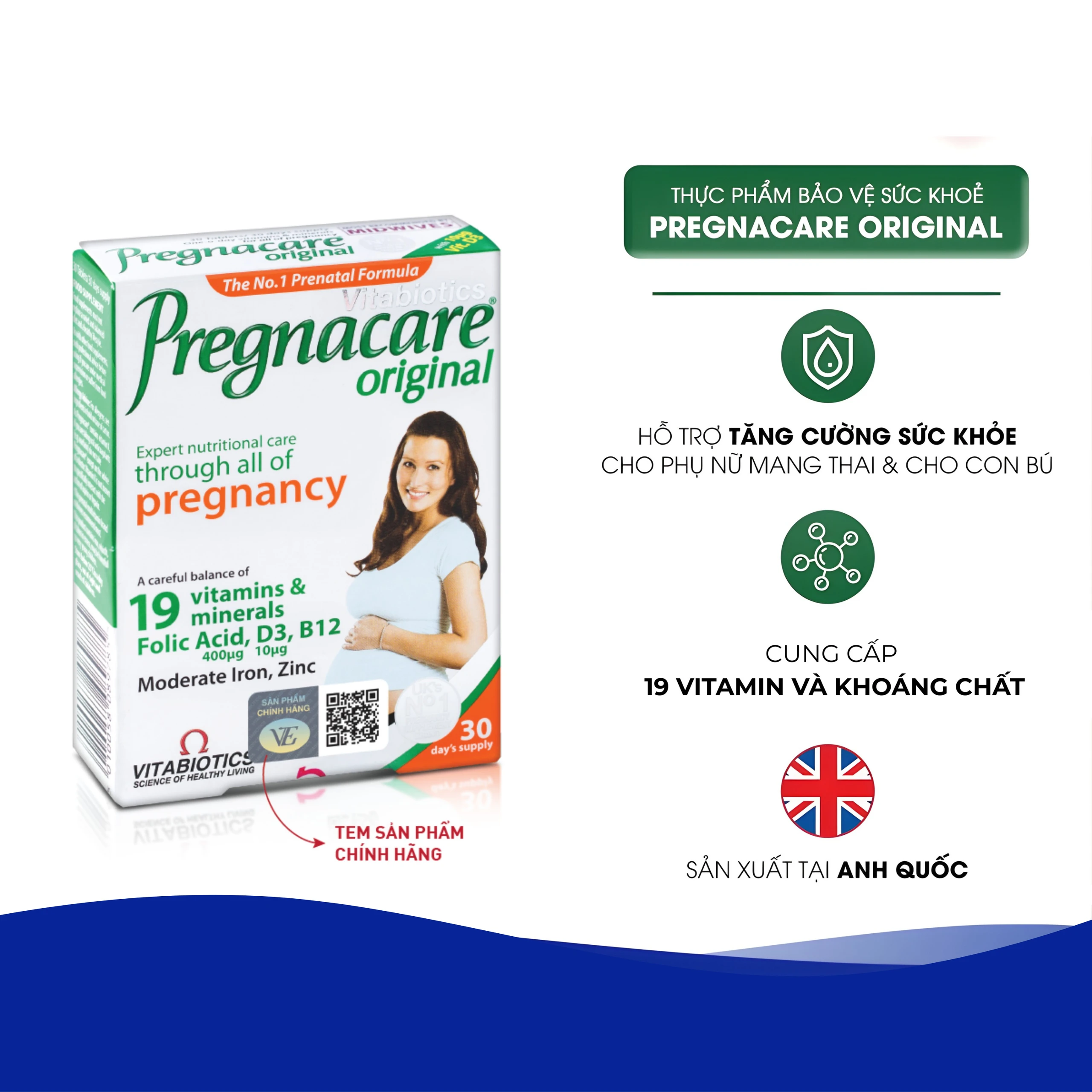 Viên bổ sung vitamin khoáng chất cho phụ nữ mang thai và cho con bú Vitabiotics Pregnacare Original (2 vỉ x 15 viên)