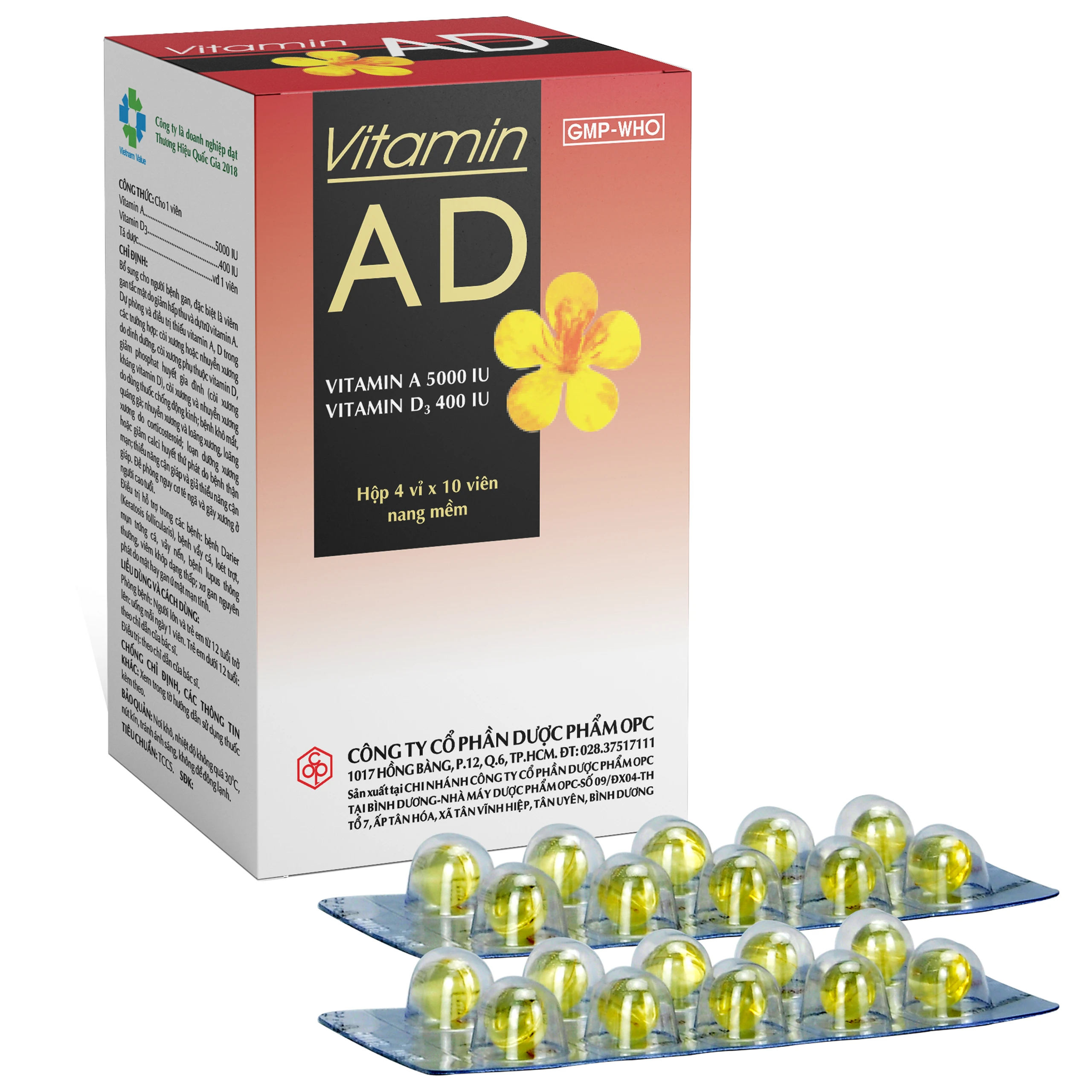 Thuốc Vitamin AD OPC dự phòng, điều trị thiếu Vitamin A và D (4 vỉ x 10 viên) 1