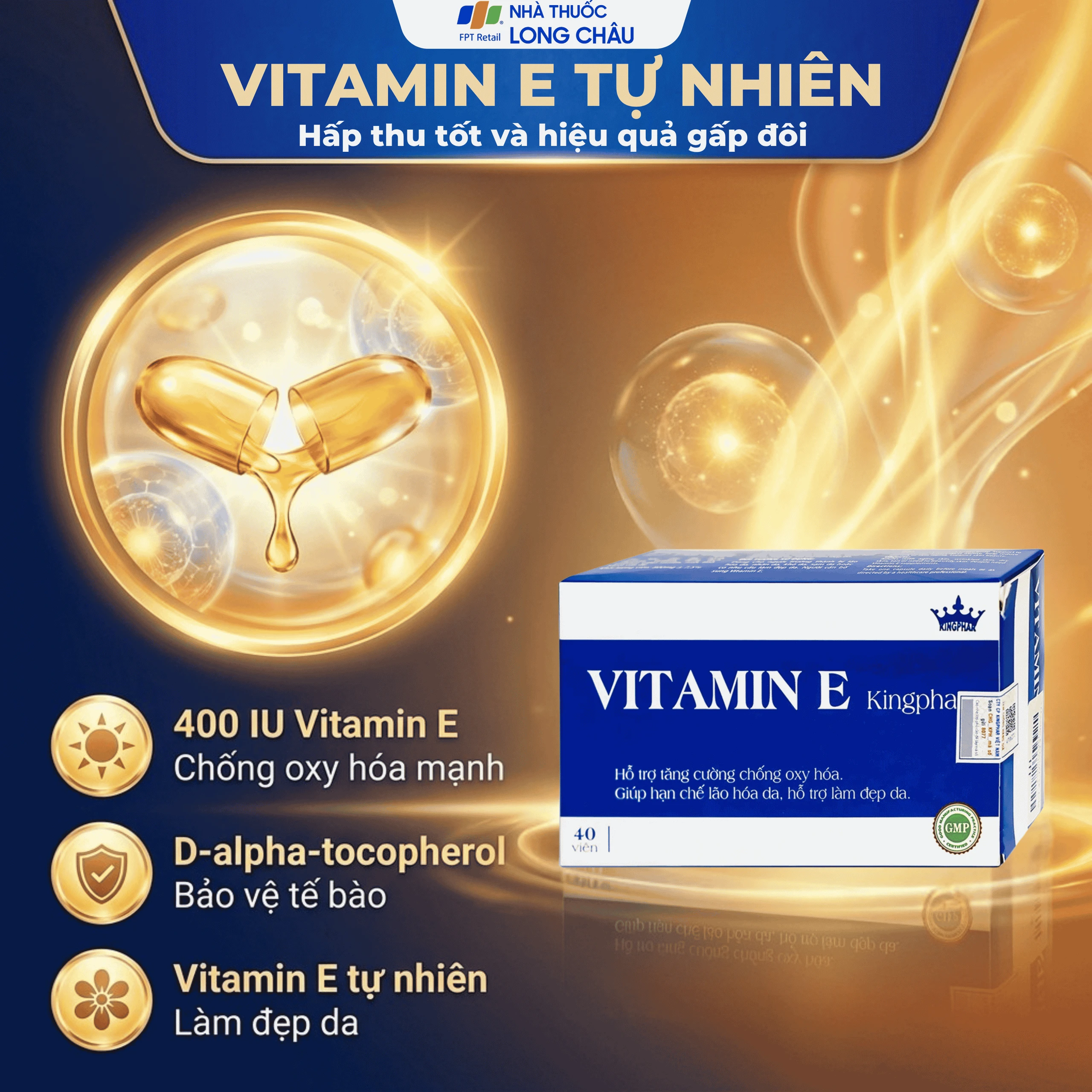Viên uống bổ sung vitamin E hỗ trợ chống oxy hóa Vitamin E Kingphar (4 vỉ x 10 viên) 3