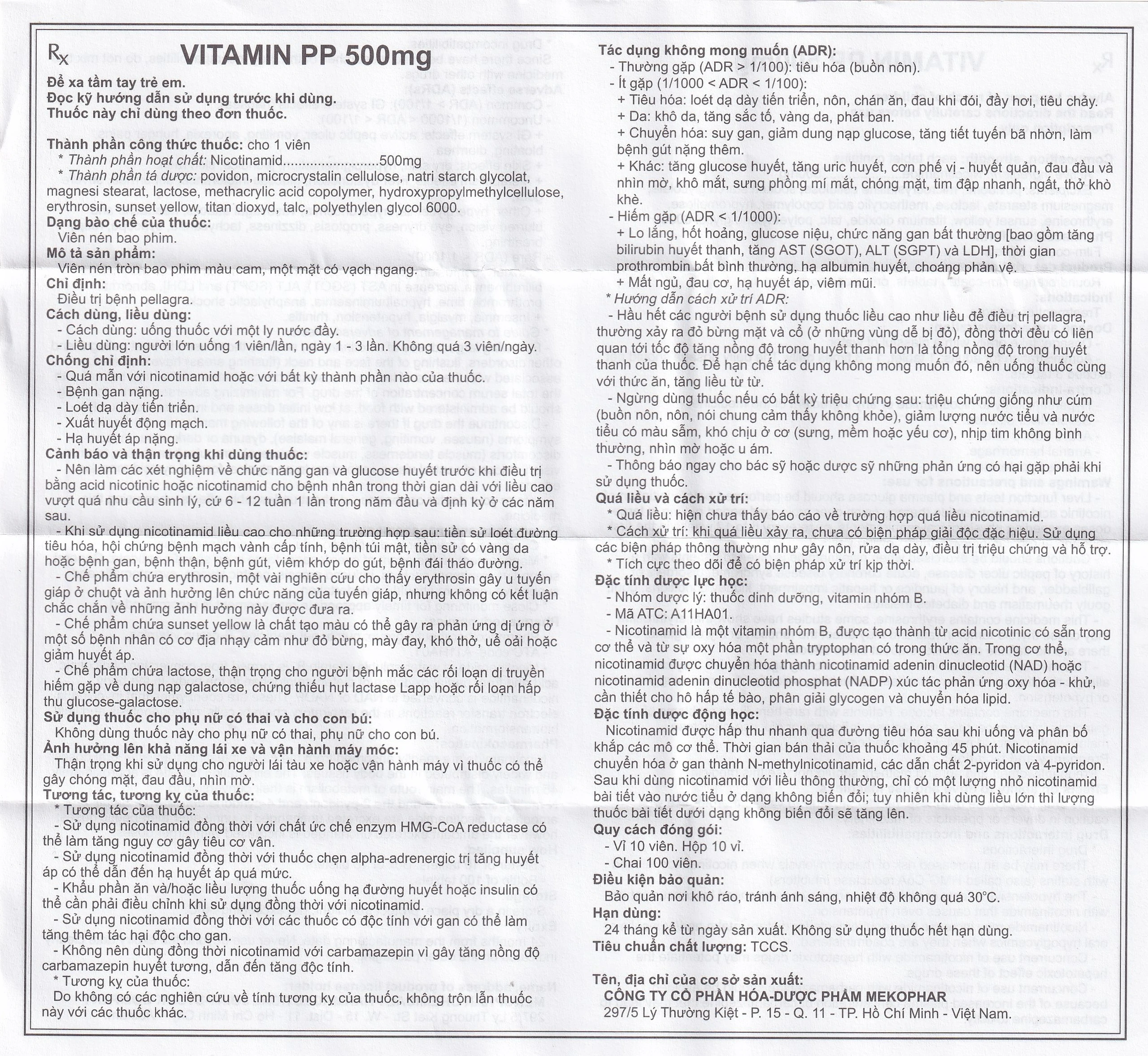 Thuốc Vitamin PP 500mg Mekophar điều trị bệnh pellagra (10 vỉ x 10 viên)