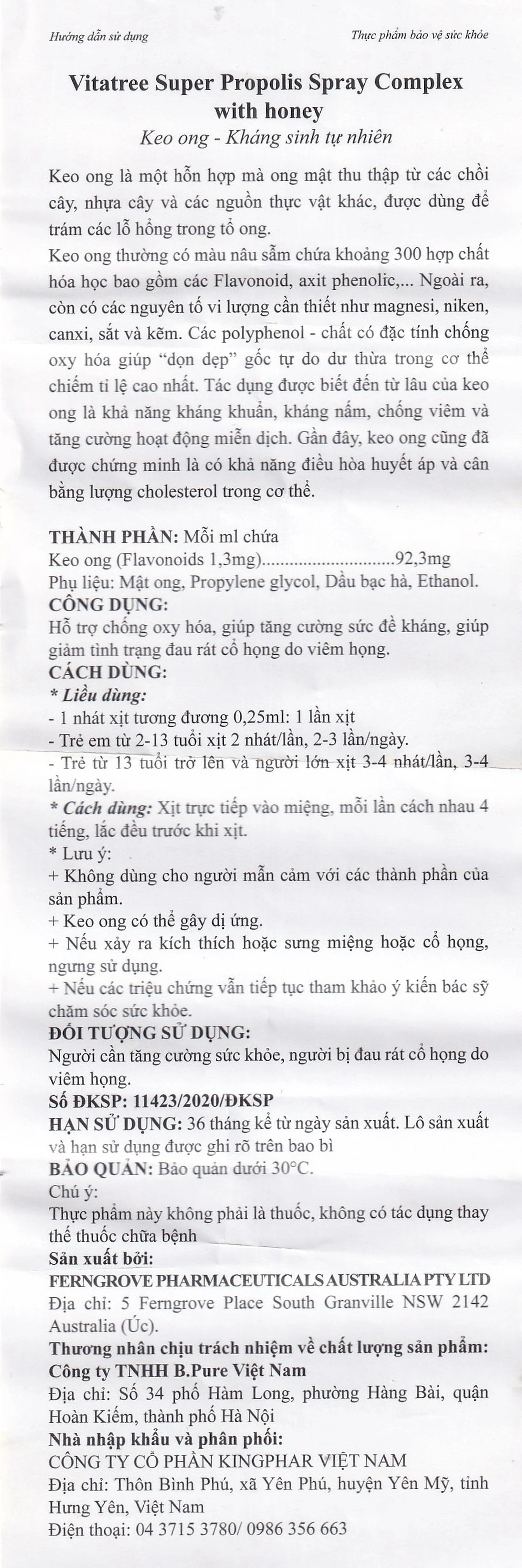 Chai xịt họng hỗ trợ giảm đau rát cổ do viêm họng Vitatree Super Propolis Spray Complex With Honey (30ml)