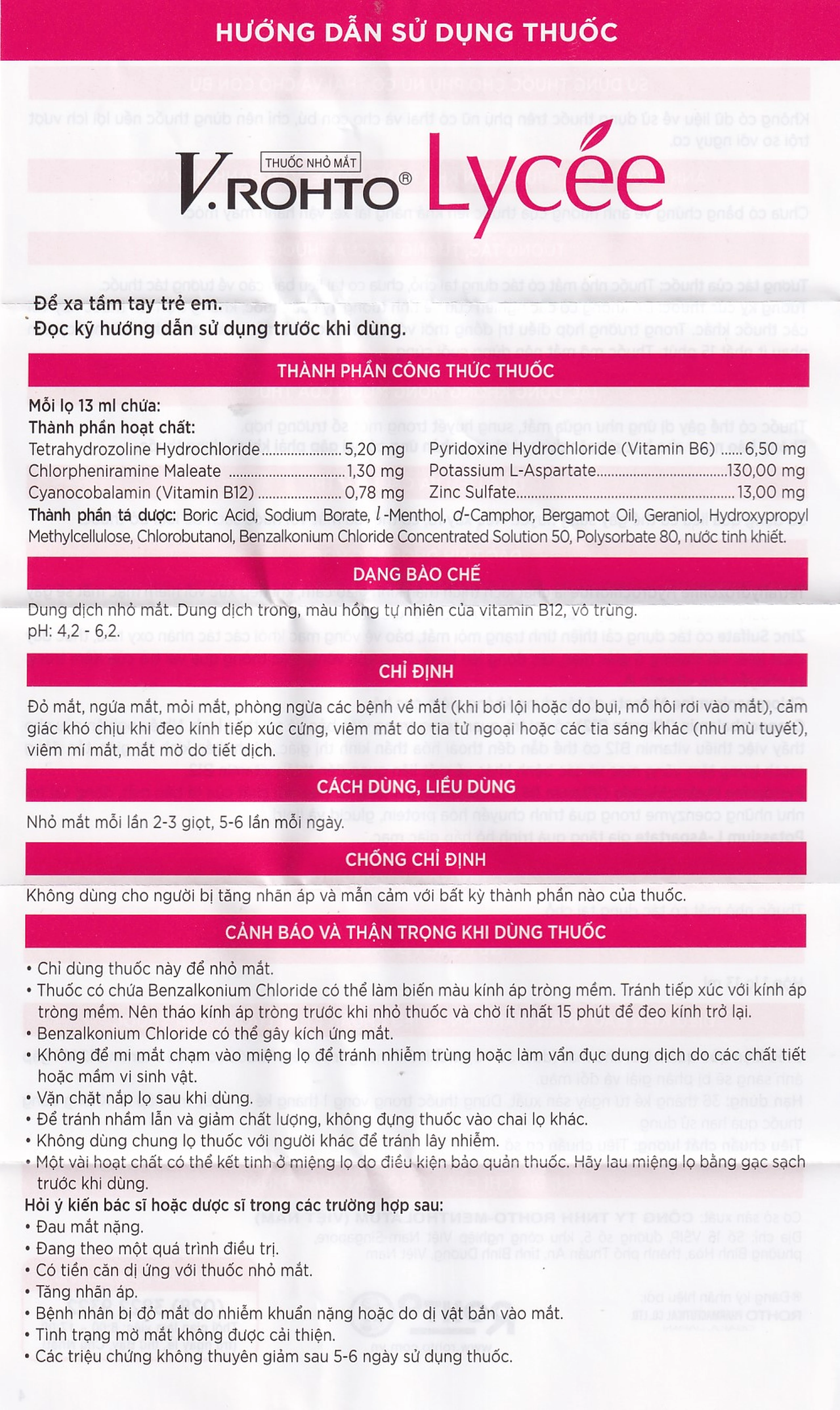 Thuốc nhỏ mắt V.Rohto Lycée 13ml điều trị đỏ mắt, ngứa mắt, mỏi mắt