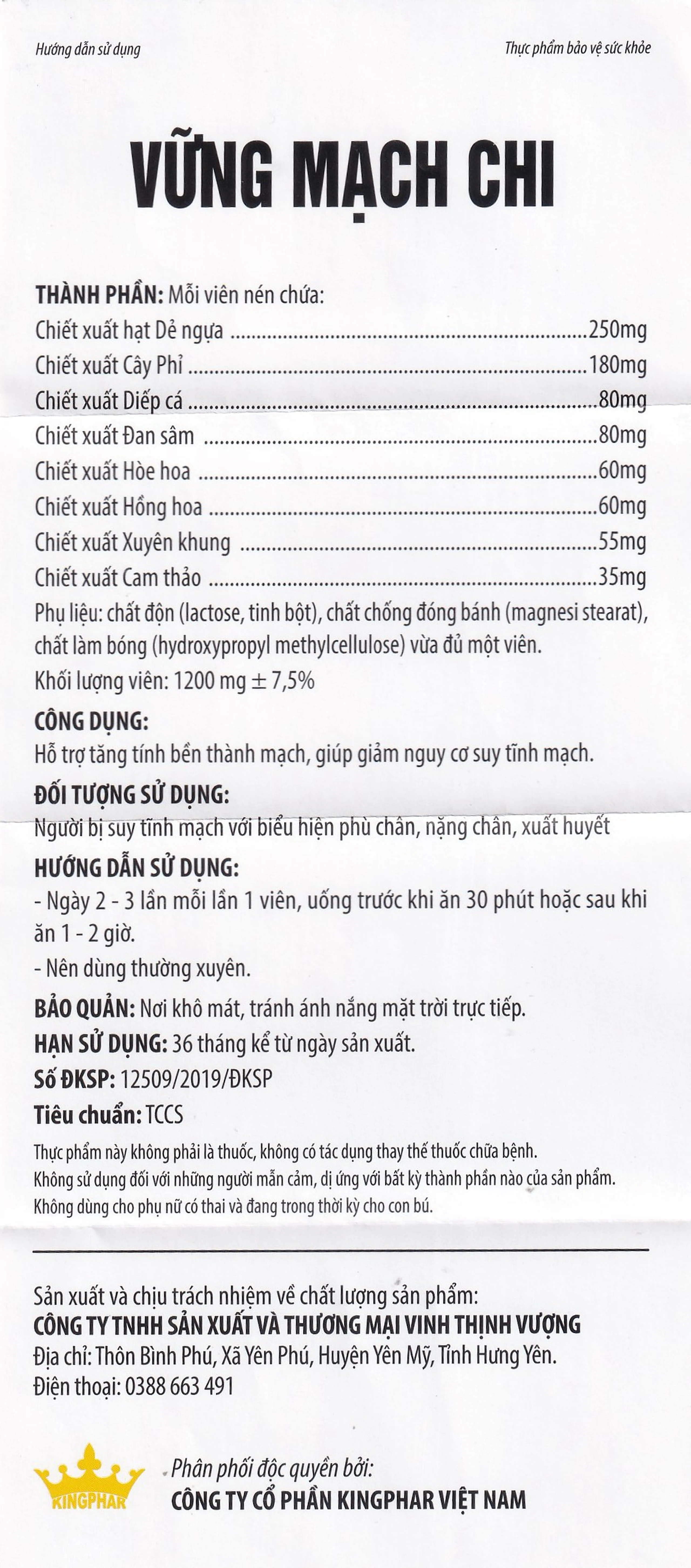 Viên uống giúp giảm nguy cơ suy tĩnh mạch, tăng tính bền thành mạch Vững Mạch Chi Kingphar (6 vỉ x 10 viên)