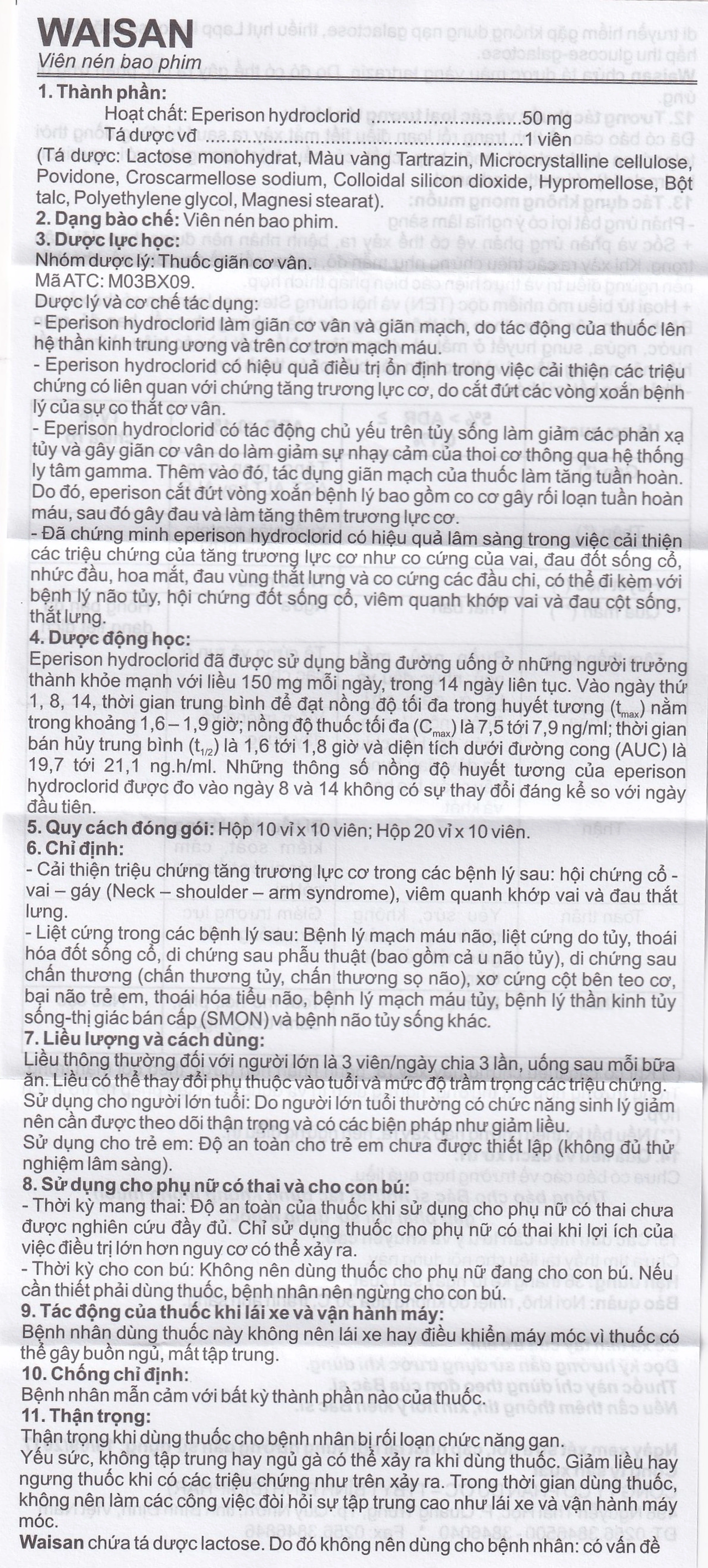 Thuốc Waisan 50mg Bidiphar cải thiện triệu chứng tăng trương lực cơ (10 vỉ x 10 viên) 