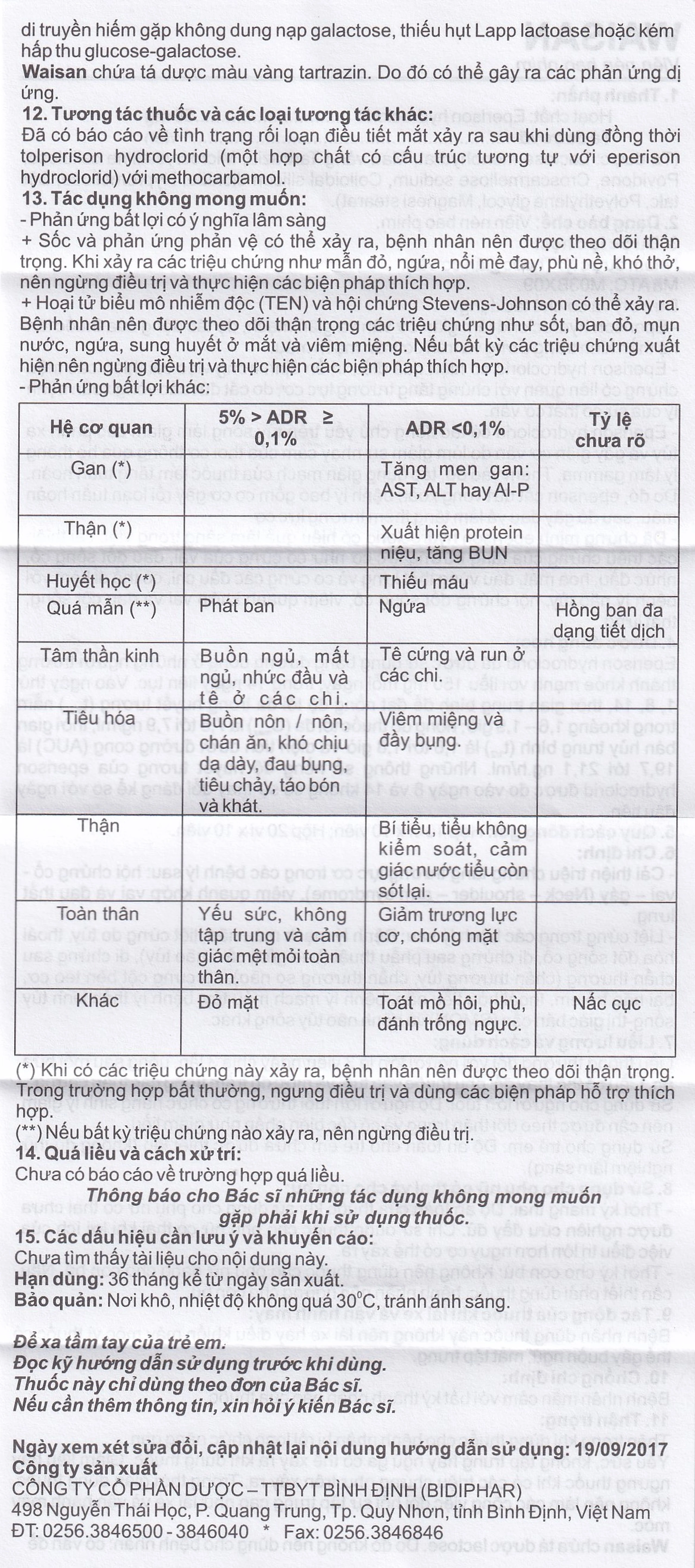 Thuốc Waisan 50mg Bidiphar cải thiện triệu chứng tăng trương lực cơ (10 vỉ x 10 viên) 