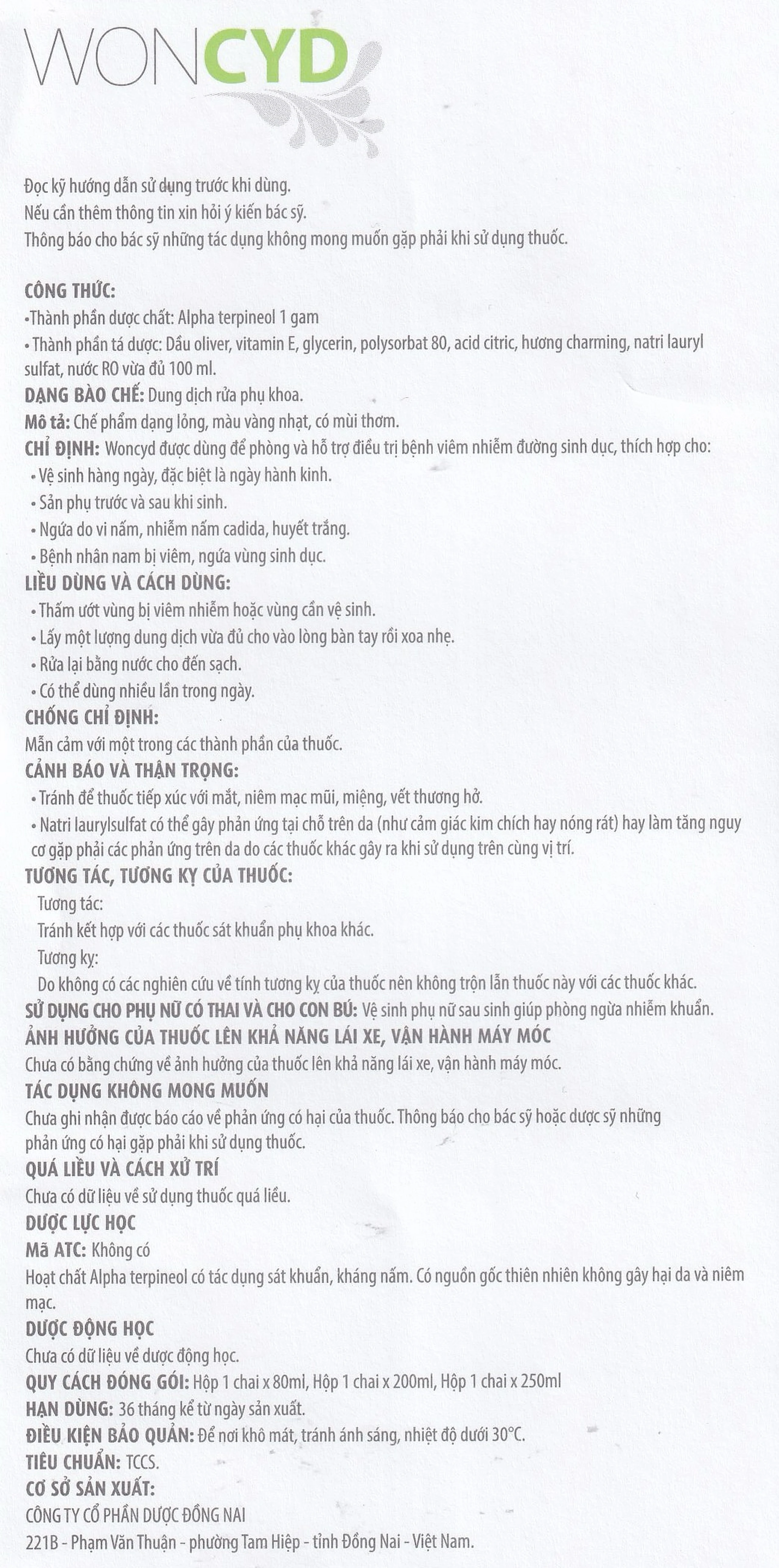 Dung dịch vệ sinh phụ nữ Woncyd phòng và điều trị viêm nhiễm đường sinh dục (200ml)