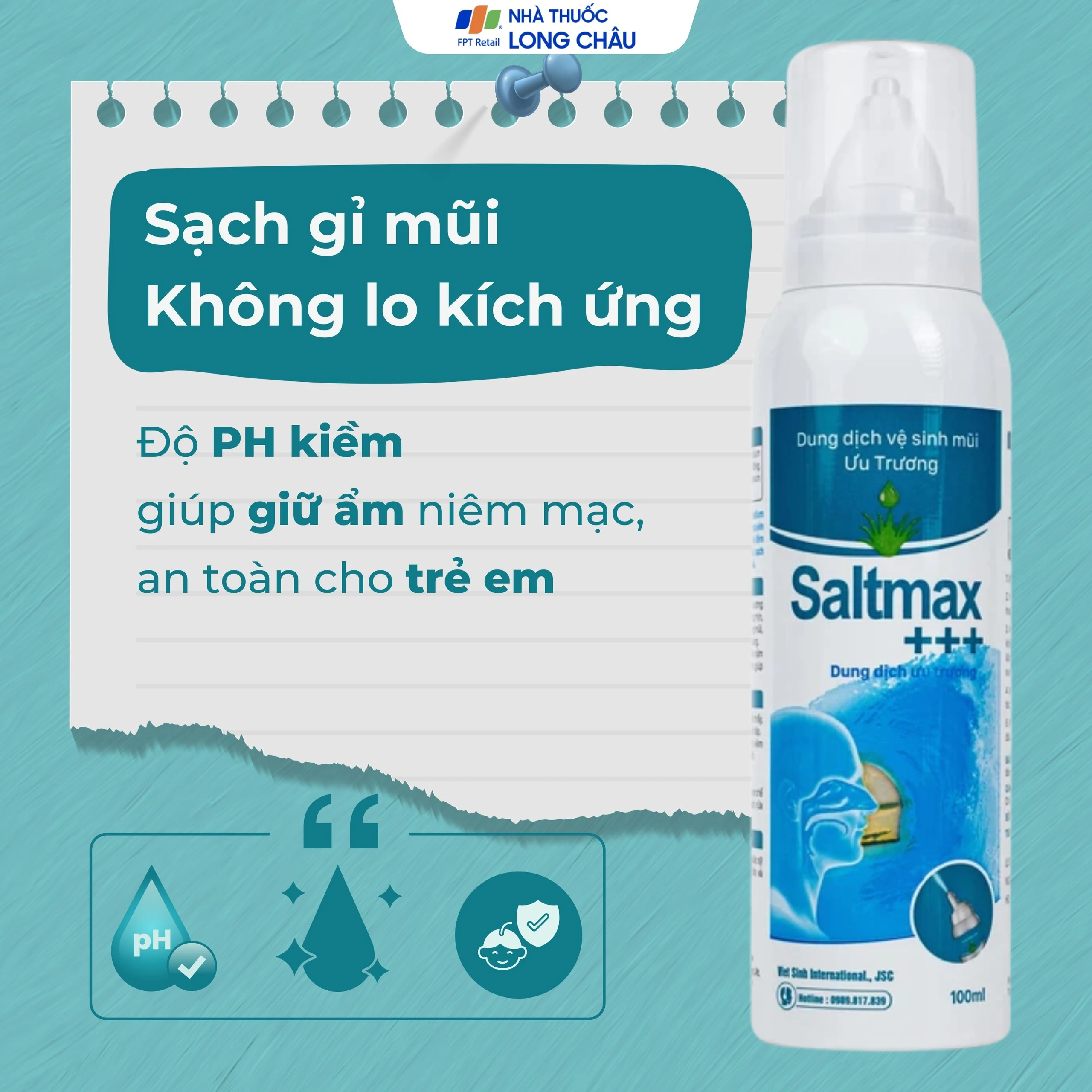 Xịt mũi Saltmax+++ 100ml giúp vệ sinh mũi, làm sạch chất nhầy
