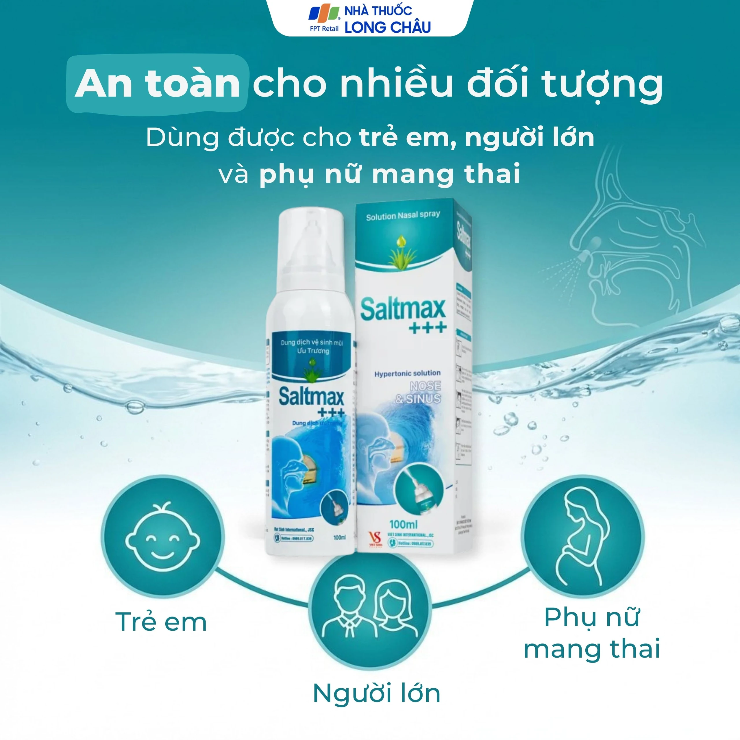 Xịt mũi Saltmax+++ 100ml giúp vệ sinh mũi, làm sạch chất nhầy