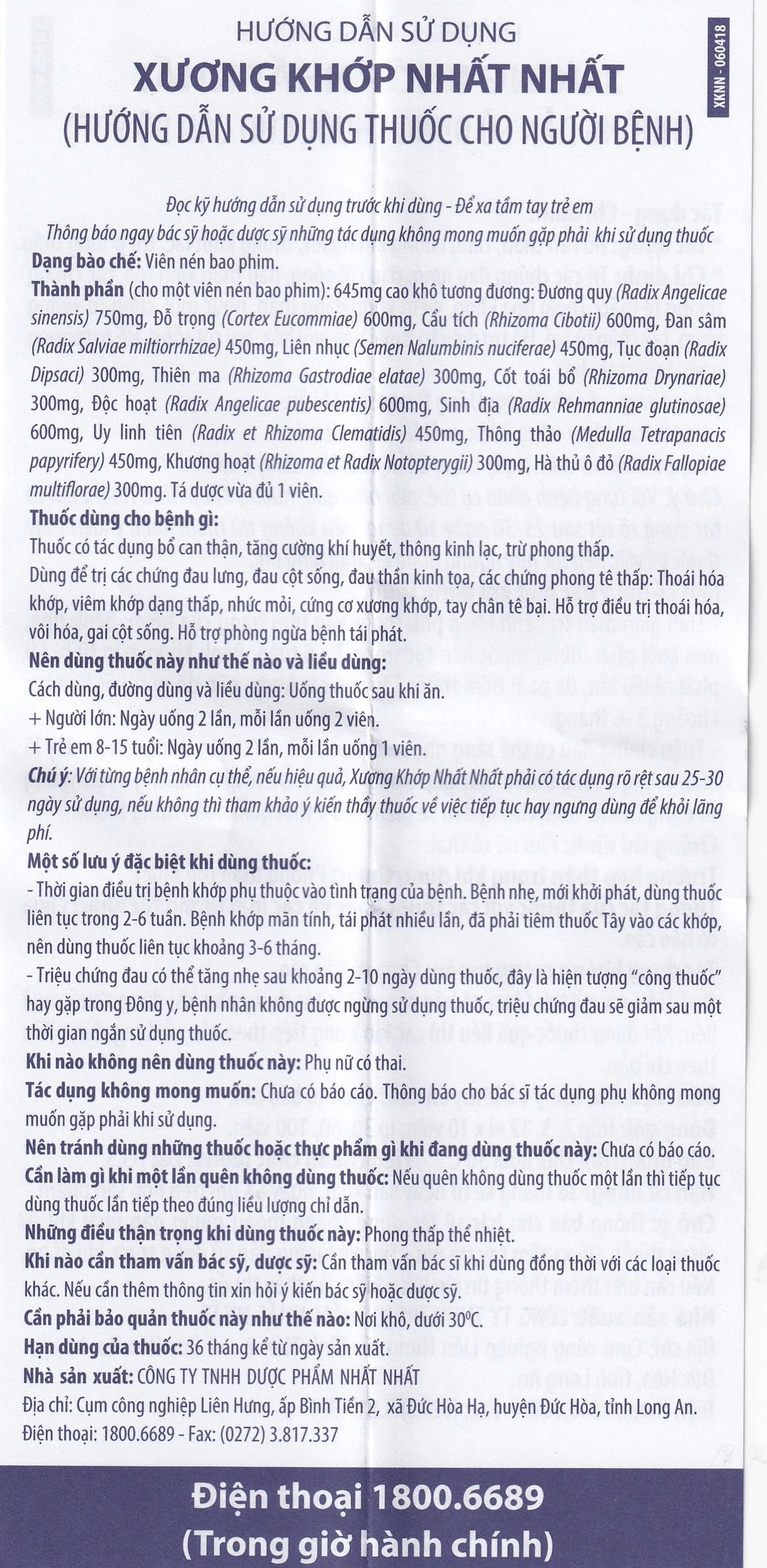 Thuốc Xương Khớp Nhất Nhất điều trị các chứng đau lưng, đau cột sống (2 vỉ x 10 viên) 