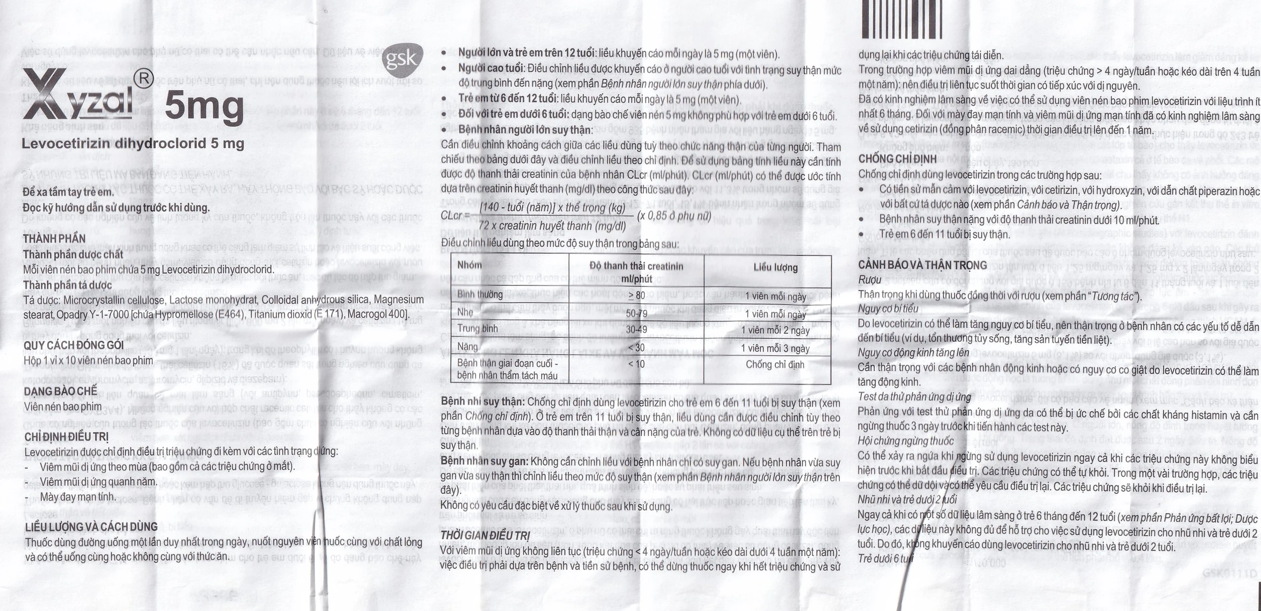 Thuốc Xyzal 5mg GSK điều trị triệu chứng viêm mũi dị ứng theo mùa (1 vỉ x 10 viên) 