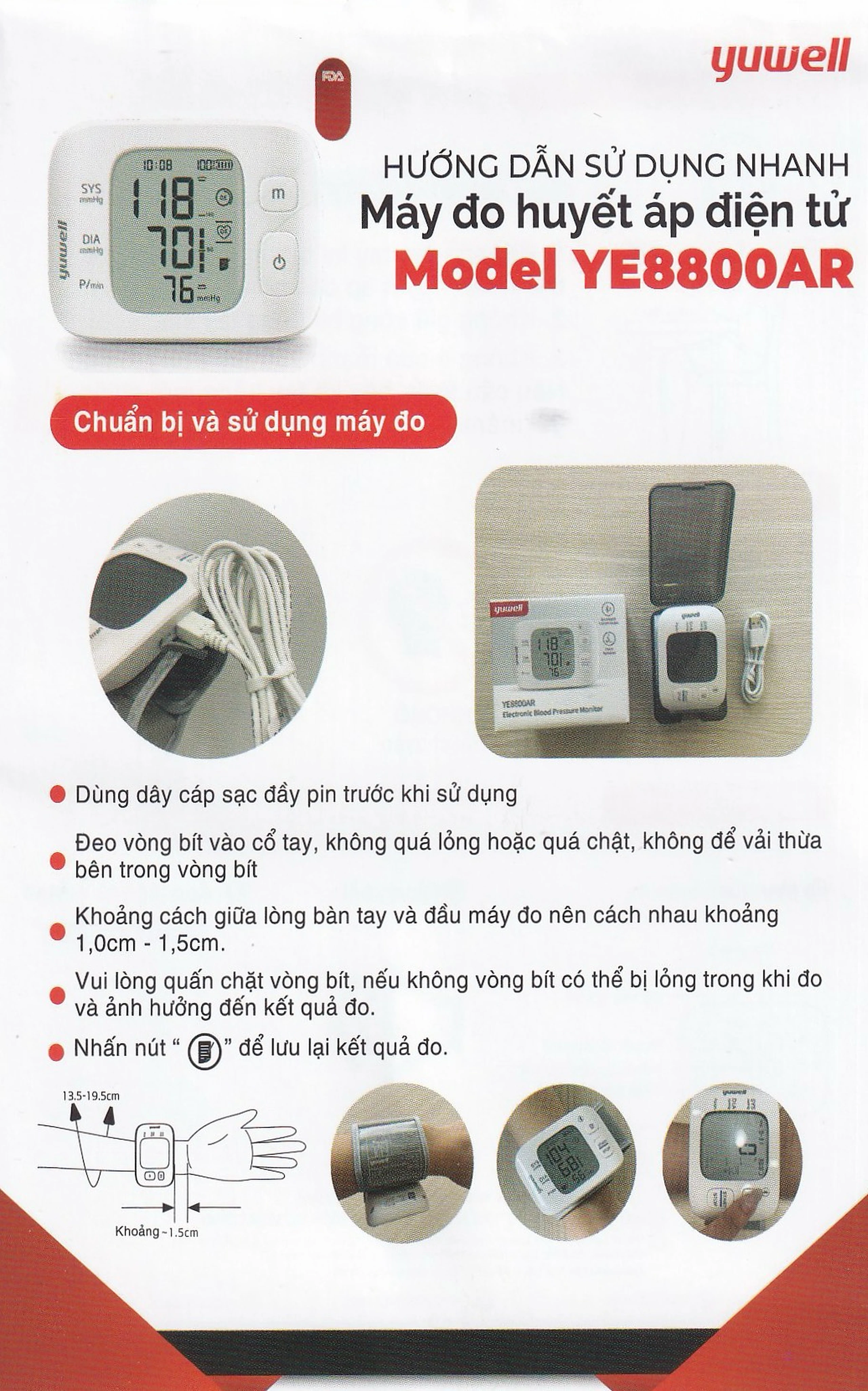 Máy đo huyết áp cổ tay Yuwell YE8800AR hỗ trợ đo huyết áp, cảnh báo đột quỵ