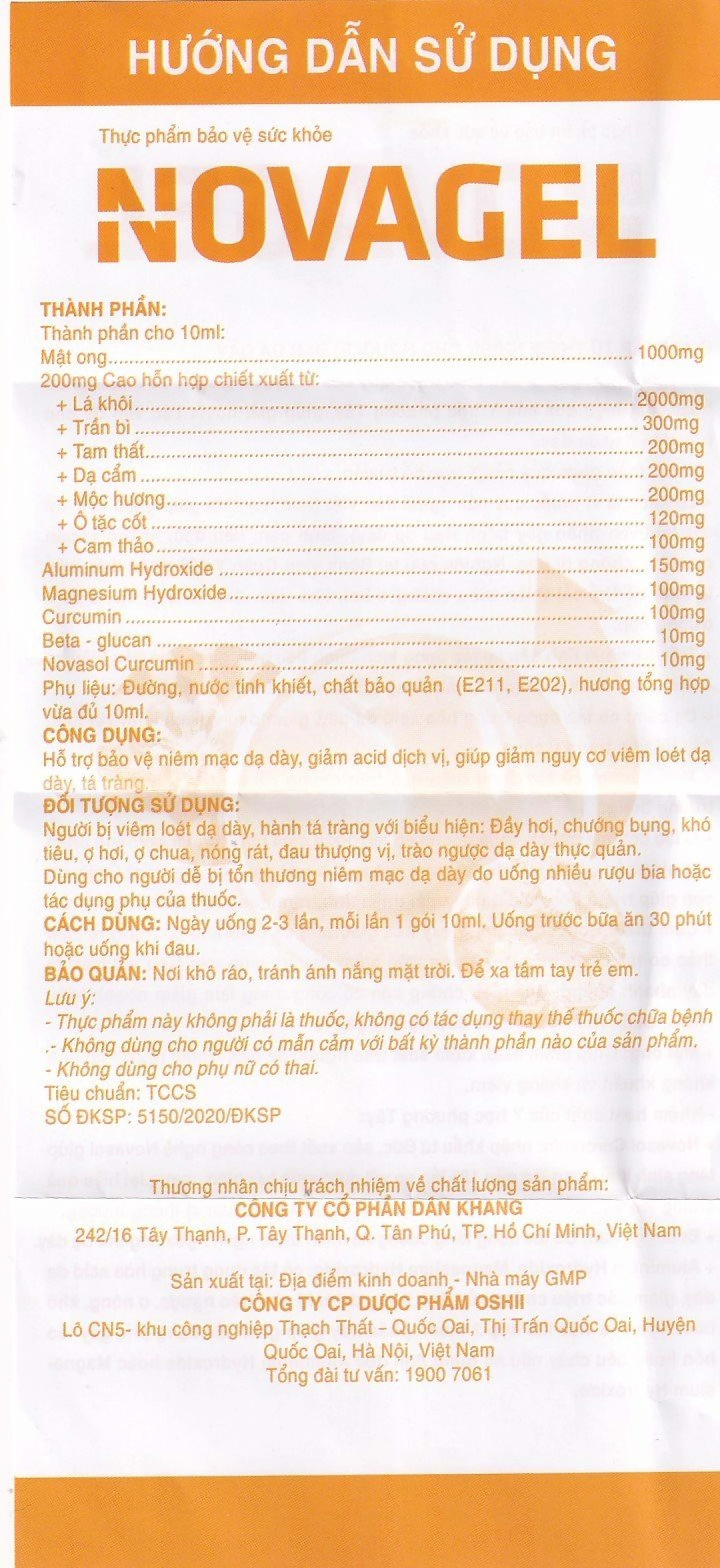 Thực phẩm bảo vệ sức khỏe Novagel Dân Khang hỗ trợ giảm acid dịch vị, bảo vệ niêm mạc dạ dày (Hộp 20 gói x 10ml) 9