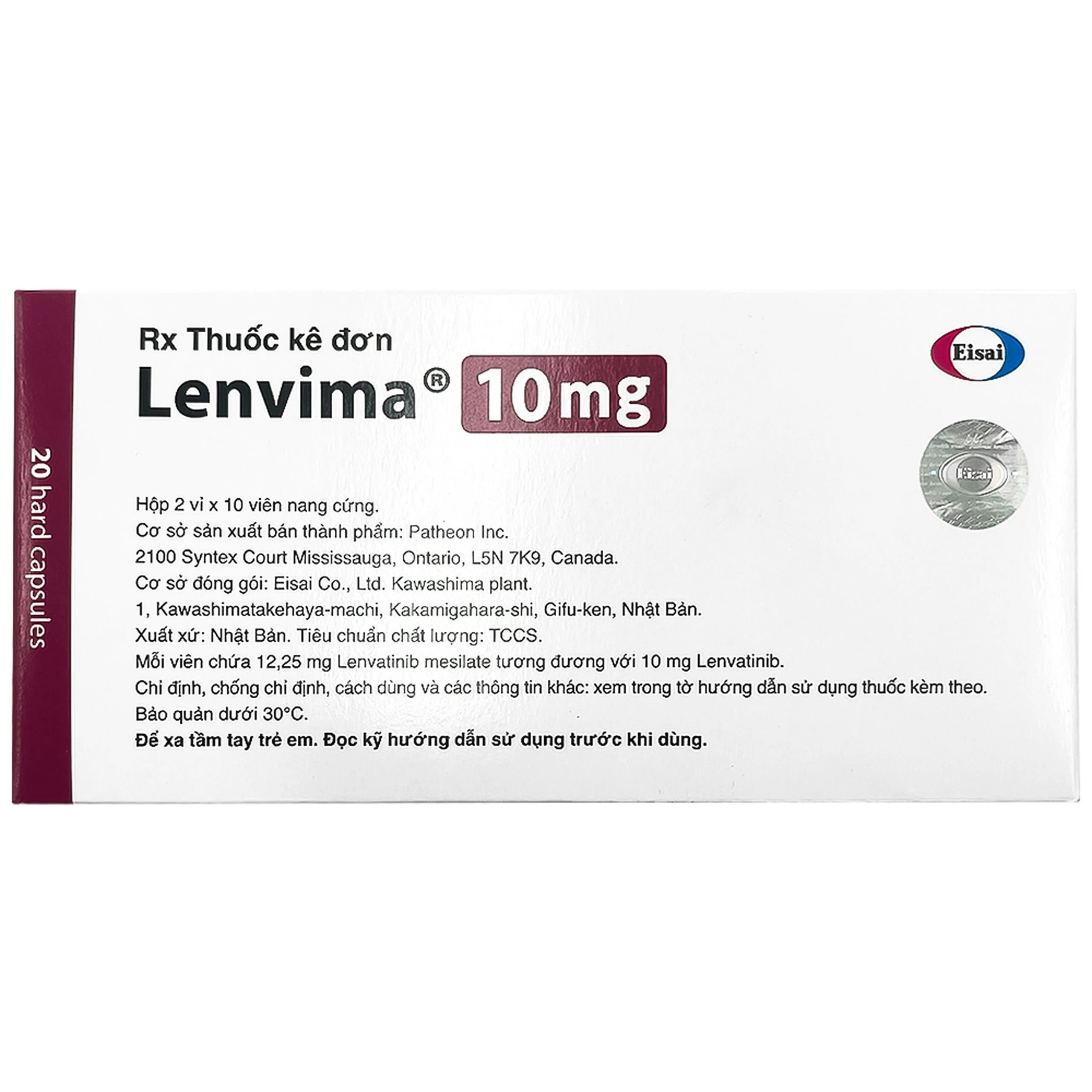 Viên nang cứng Lenvima 10mg Eisai điều trị một số loại ung thư (2 vỉ x 10 viên)