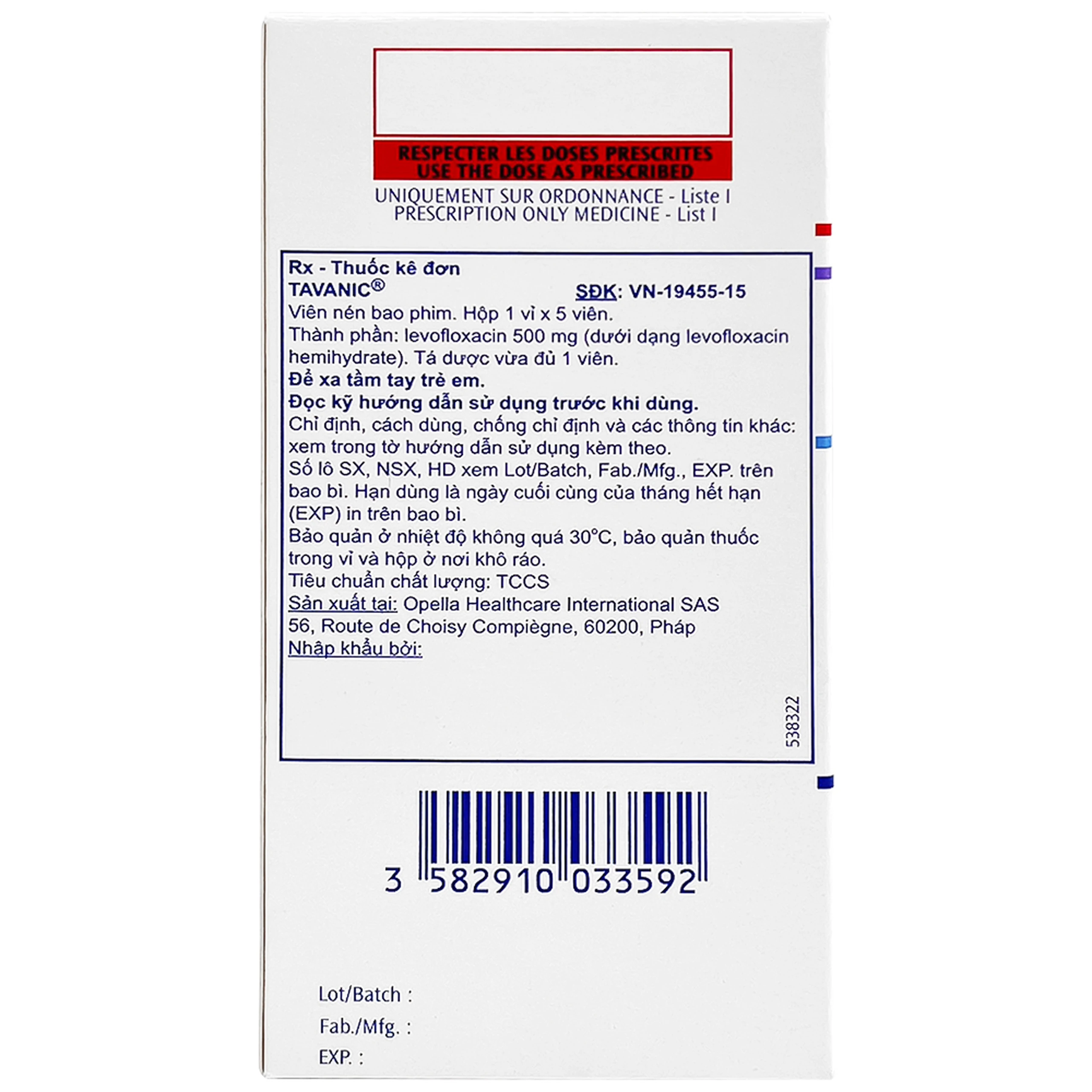 Thuốc Tavanic 500mg Sanofi điều trị nhiễm khuẩn do vi khuẩn (1 vỉ x 5 viên)