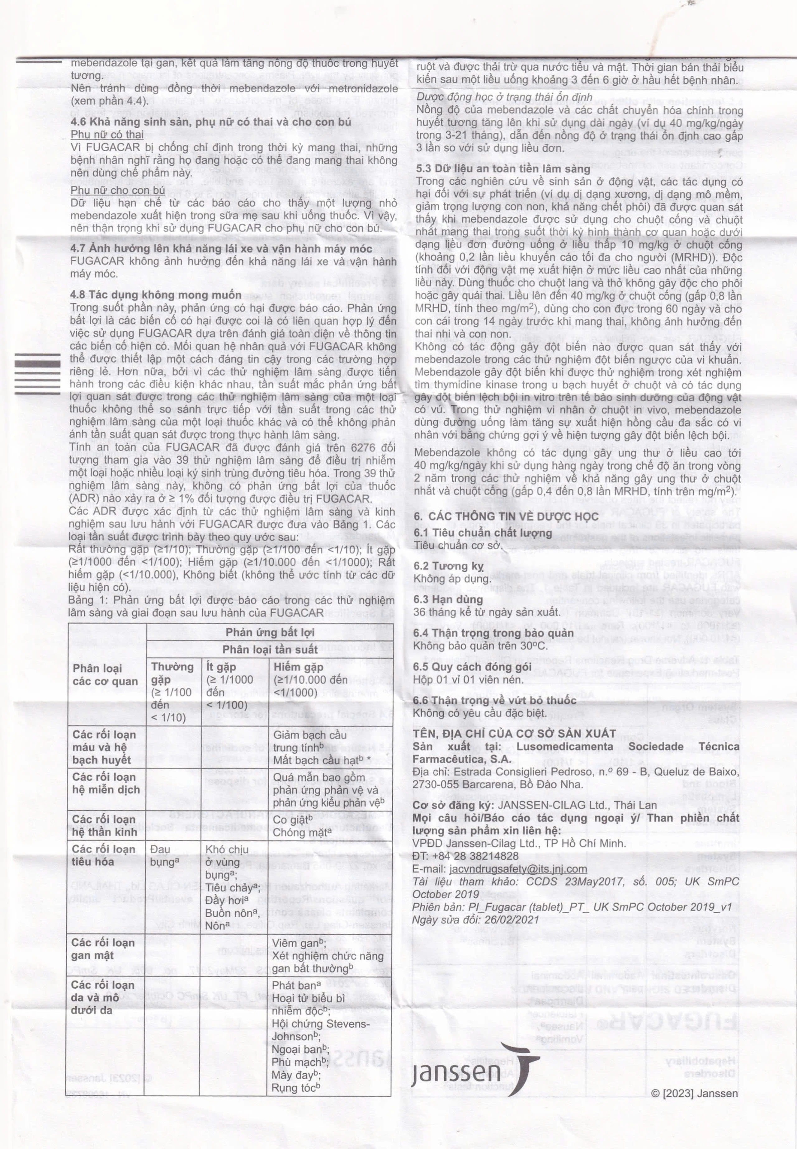 Thuốc Fugacar 500mg Janssen điều trị nhiễm giun (1 viên)