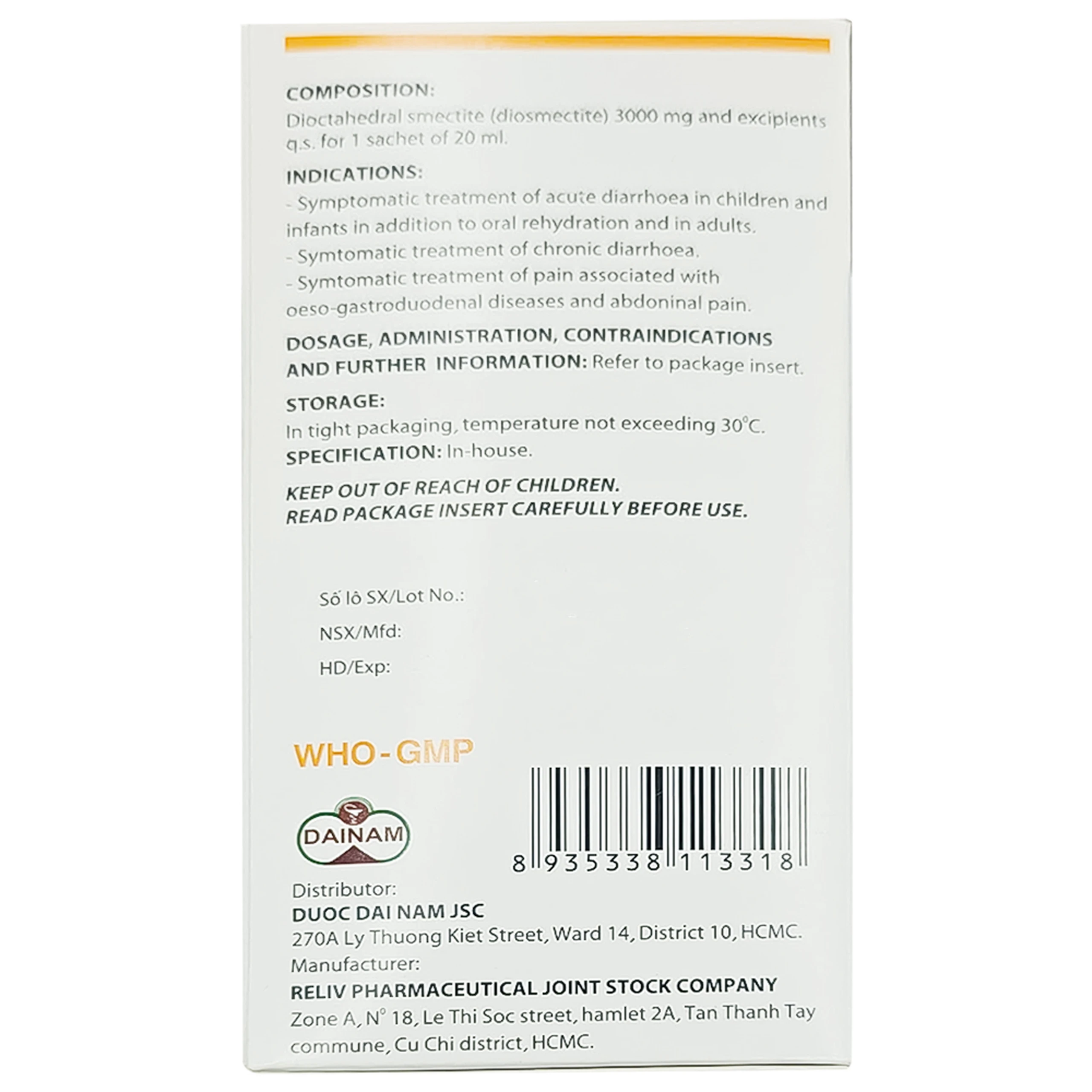 Hỗn dịch uống Macfor 3000mg Reliv điều trị tiêu chảy cấp, triệu chứng tiêu chảy mạn tính (20 gói)