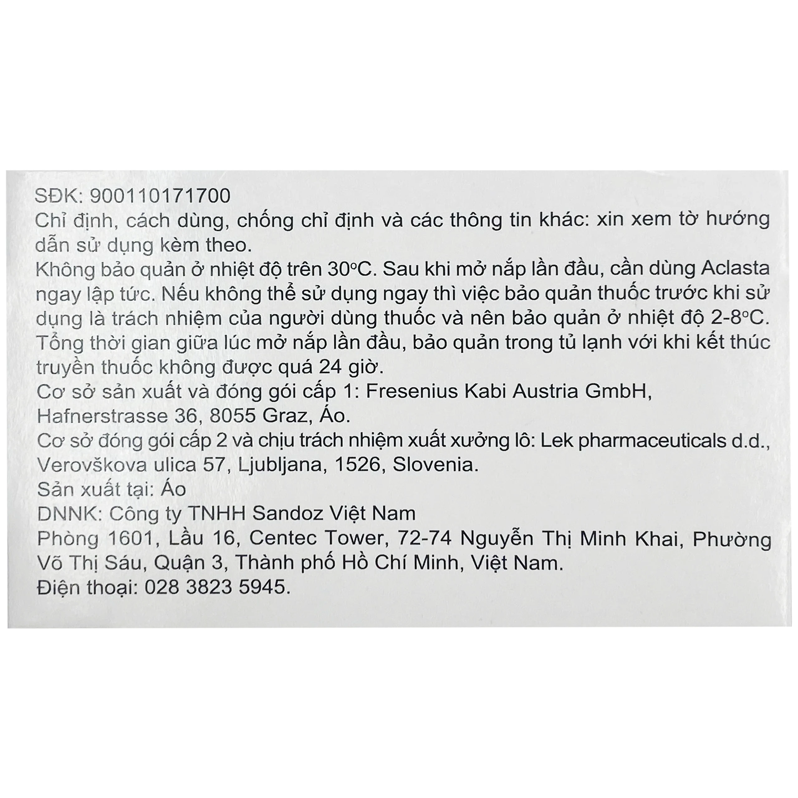 Dung dịch truyền tĩnh mạch Aclasta 5mg Sandoz điều trị loãng xương ở phụ nữ sau mãn kinh