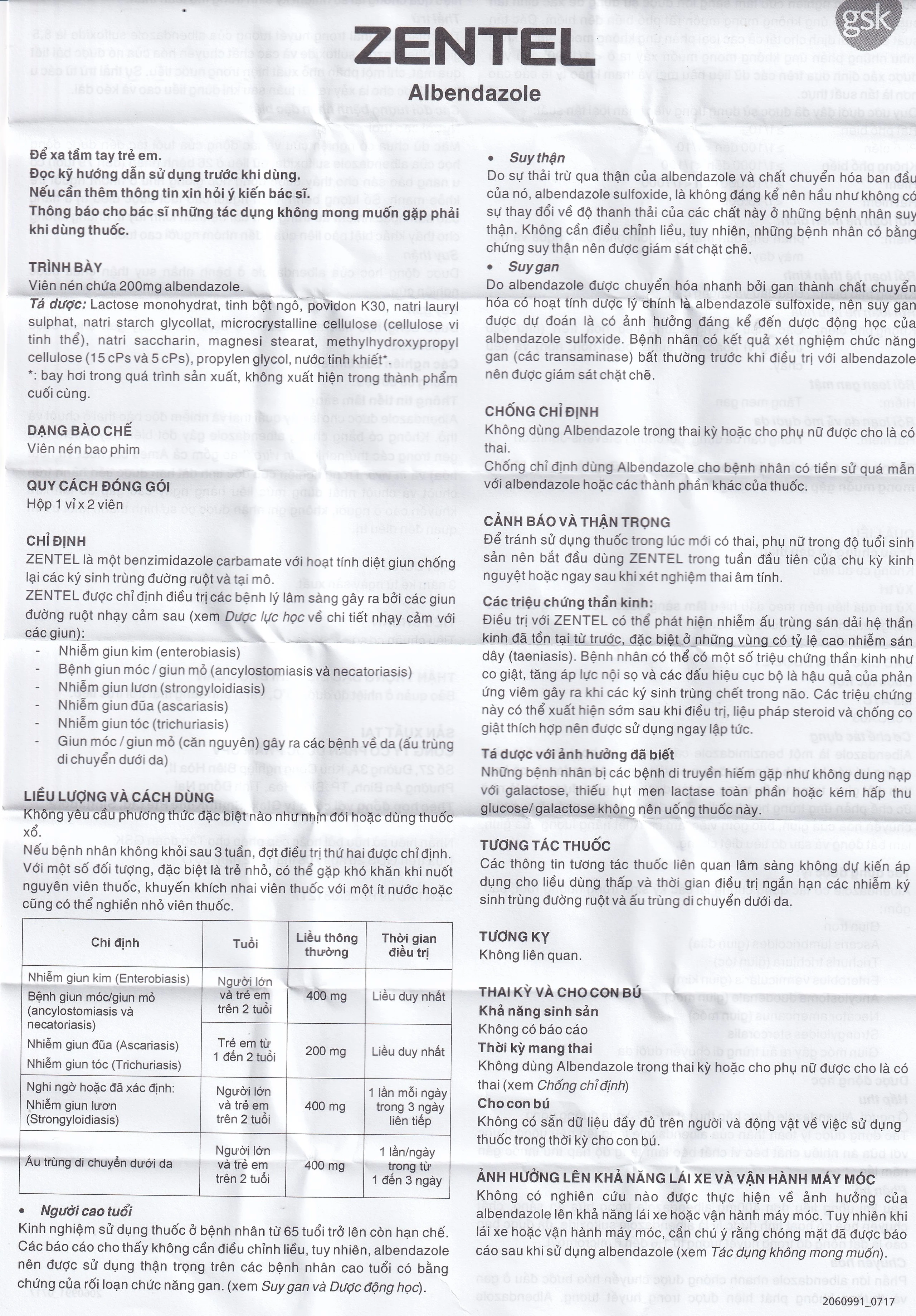 Thuốc Zentel Albendazole 200mg GSK điều trị các loại giun đường ruột nhạy cảm (1 vỉ x 2 viên)