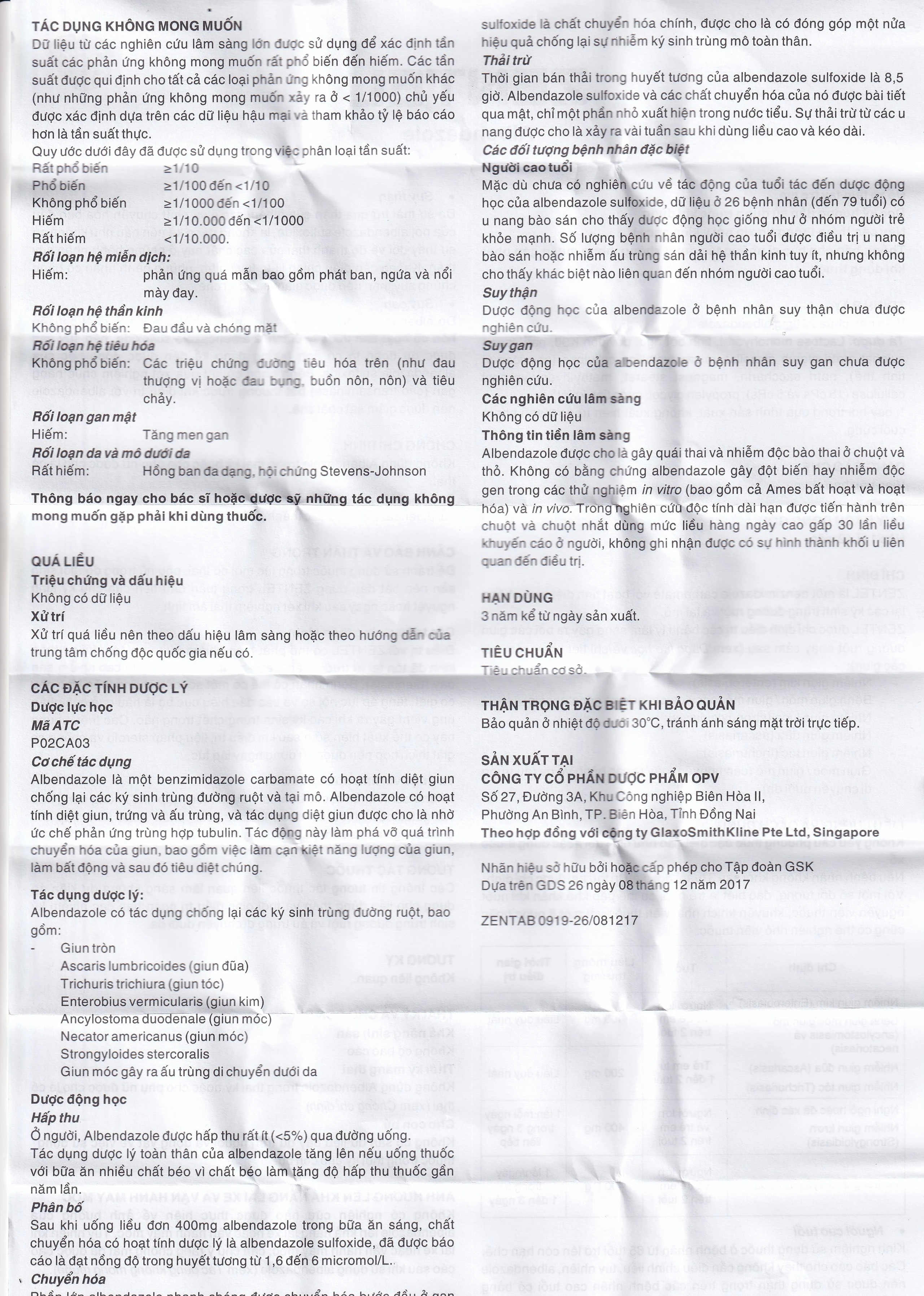 Thuốc Zentel Albendazole 200mg GSK điều trị các loại giun đường ruột nhạy cảm (1 vỉ x 2 viên)