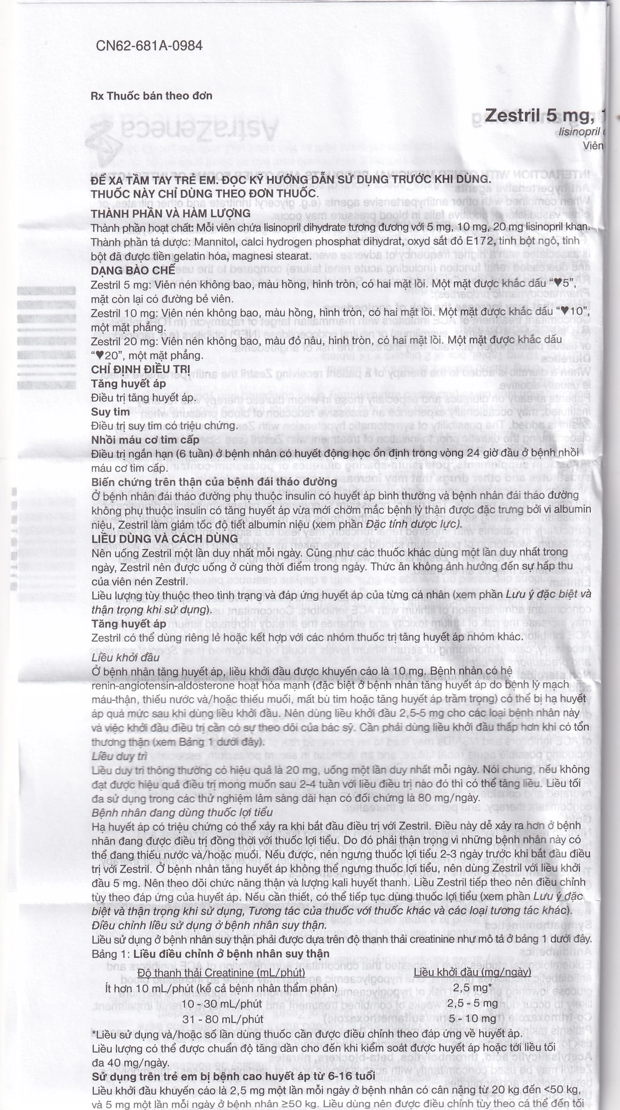 Thuốc Zestril 5mg AstraZeneca điều trị tăng huyết áp, suy tim (2 vỉ x 14 viên)