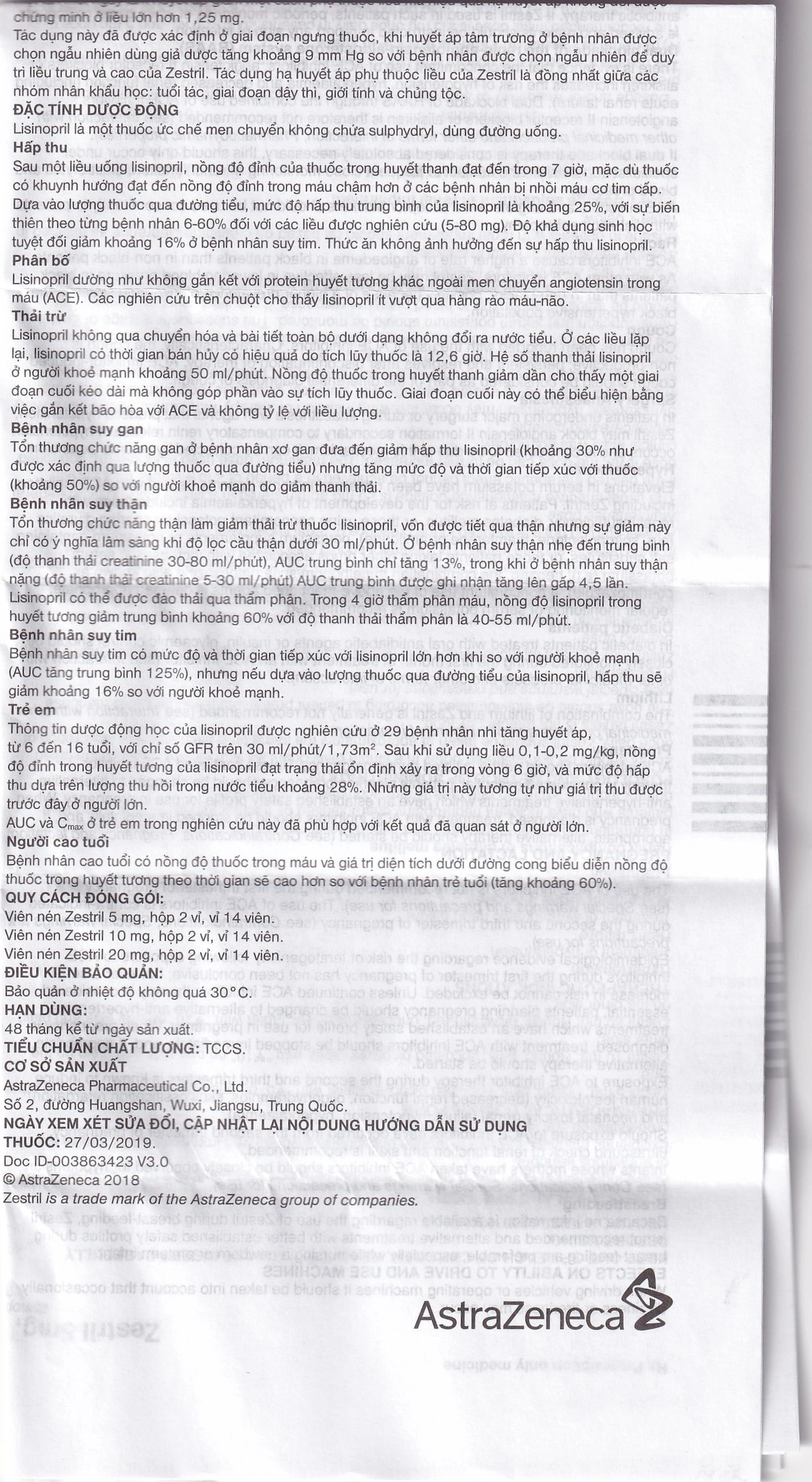 Thuốc Zestril 5mg AstraZeneca điều trị tăng huyết áp, suy tim (2 vỉ x 14 viên)