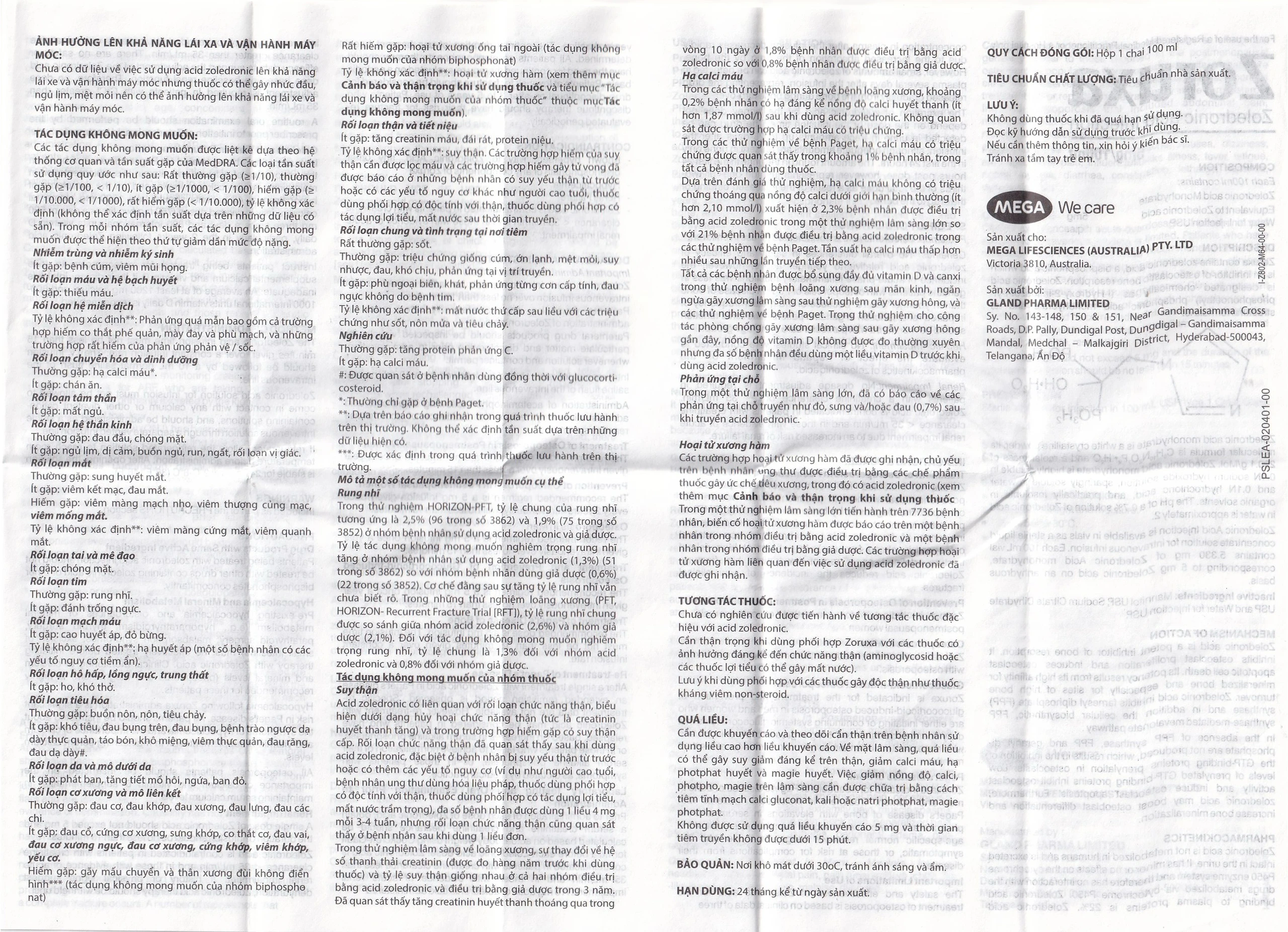 Thuốc tiêm truyền Zoruxa Điều trị loãng xương ở phụ nữ sau mãn kinh và nam giới Hộp 100ml