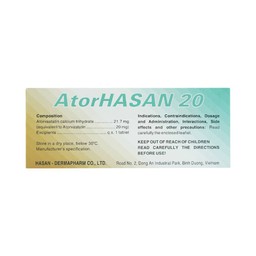 Thuốc AtorHasan 20mg giảm cholesterol và triglycerid trong máu (10 vỉ x 10 viên)