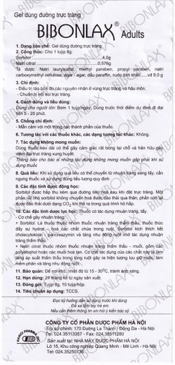 Gel dùng đường trực tràng Bibonlax Adults Hanoi Pharma điều trị táo bón (10 ống x 8g)