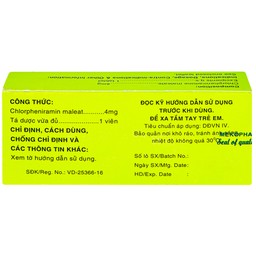 Thuốc Chlorpheniramine 4mg Mekophar điều trị viêm mũi dị ứng mùa và quanh năm (5 vỉ x 20 viên)