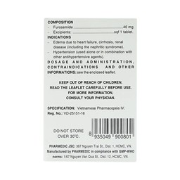Thuốc Diurefar 40 Pharmedic điều trị tăng huyết áp, phù do suy tim, xơ gan, bệnh thận (10 vỉ x 12 viên)