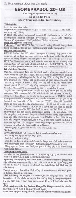 Thuốc Esomeprazol 20-US điều trị trào ngược dạ dày (3 vỉ x 10 viên)
