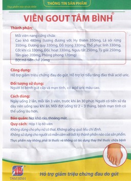 Viên Gout Tâm Bình hỗ trợ giảm triệu chứng đau do gút (60 viên)