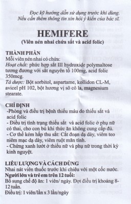 Viên nhai Hemifere 100mg phòng và điều trị bệnh thiếu máu do thiếu sắt và acid folic (3 vỉ x 10 viên)