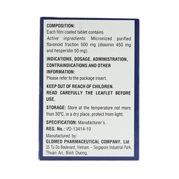 Thuốc Hesmin 500mg Glomed điều trị các triệu chứng và dấu hiệu của suy tĩnh mạch và bệnh trĩ (10 vỉ x 10 viên)