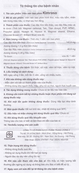Viên nén Kimraso Forifarm điều trị sỏi thận, sỏi mật, viêm bể thận, viêm túi mật (60 viên)