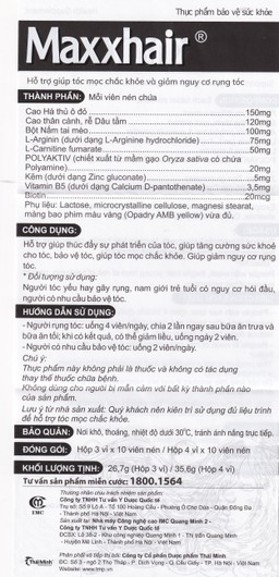 Viên uống hỗ trợ mọc tóc Maxxhair New Thái Minh (3 vỉ x 10 viên)