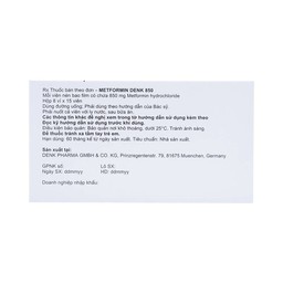 Viên nén Metformin Denk 850 điều trị đái tháo đường típ 2 (8 vỉ x 15 viên)