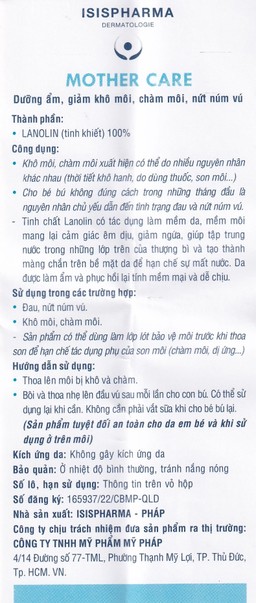 Kem Isis Pharma Mothercare dưỡng ẩm, giảm khô môi, chàm môi, nứt núm vú (15ml)