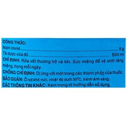Dung dịch vô trùng Natri Clorid 0,9% Dược 3-2 rửa vết thương hở và kín, súc miệng (500ml)