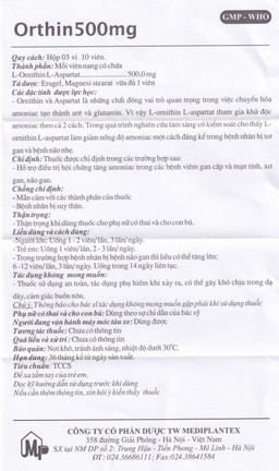 Viên nang cứng Orthin 500mg Mediplantex điều trị hội chứng tăng amoniac (3 vỉ x 10 viên)