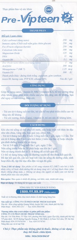 Cốm phát triển chiều cao cho trẻ Pre-Vipteen 2 (20 gói)